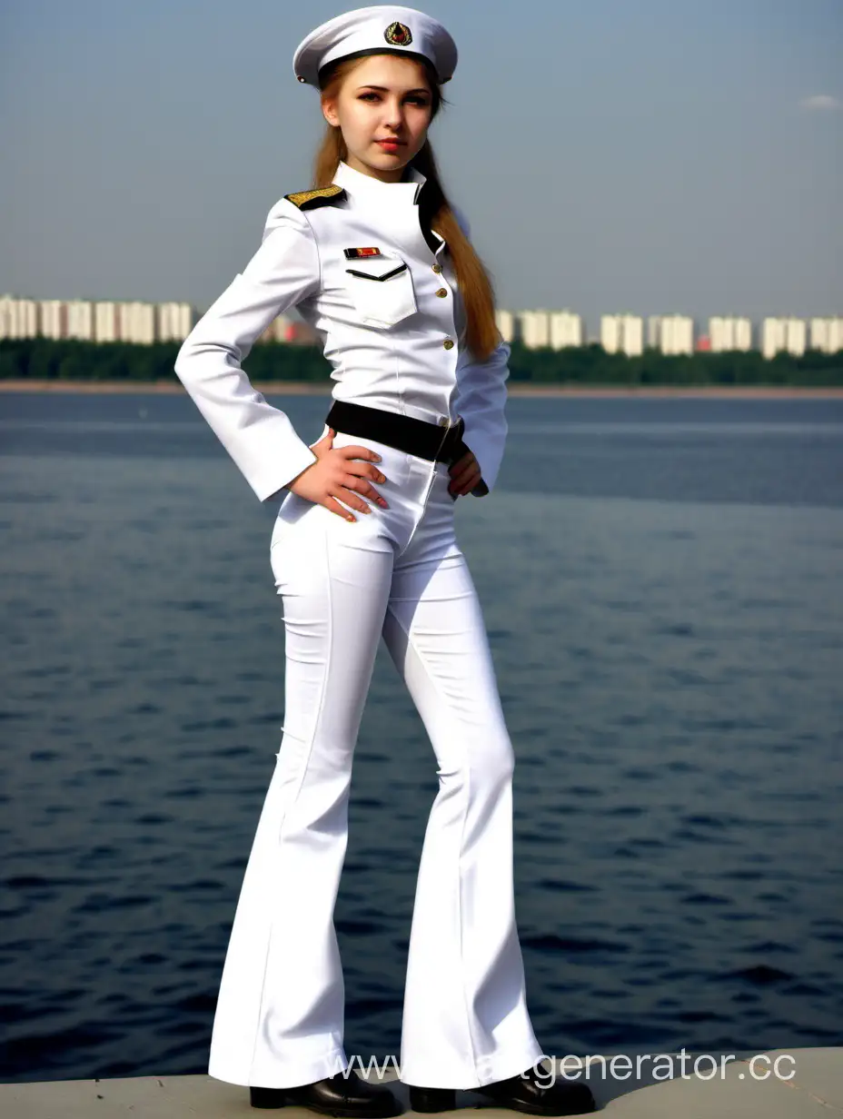 Русская молодая девушка 18 лет в военной морской форме, Сексуальная тельняшка, бескозырка,Белые в обтяжку брюки клёш.