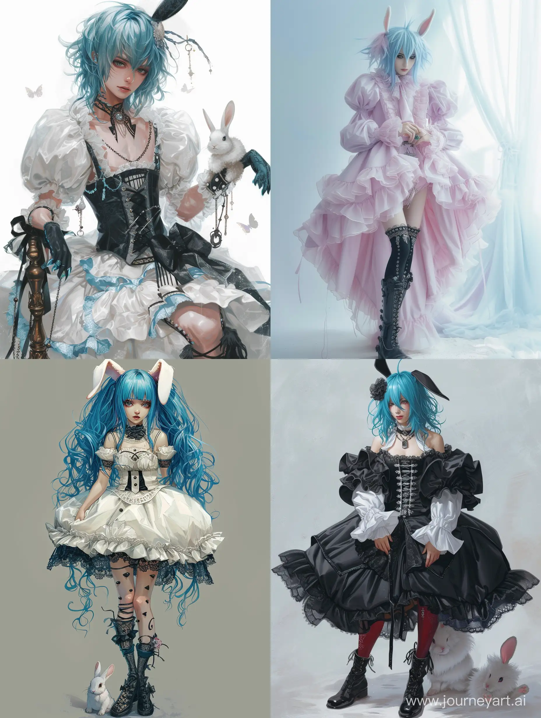 pastel goth, guy, anime, blue hair, rabbit, puffy dress, magic, full length