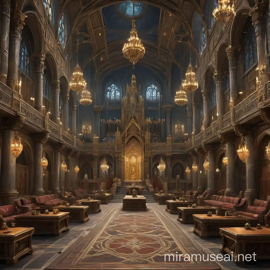 Visualize a (((massive dwarf parliament hall))), divided into 5 distinct factions with opulent chambers and intricate details, culminating in a grand (throne room) fit for a king
