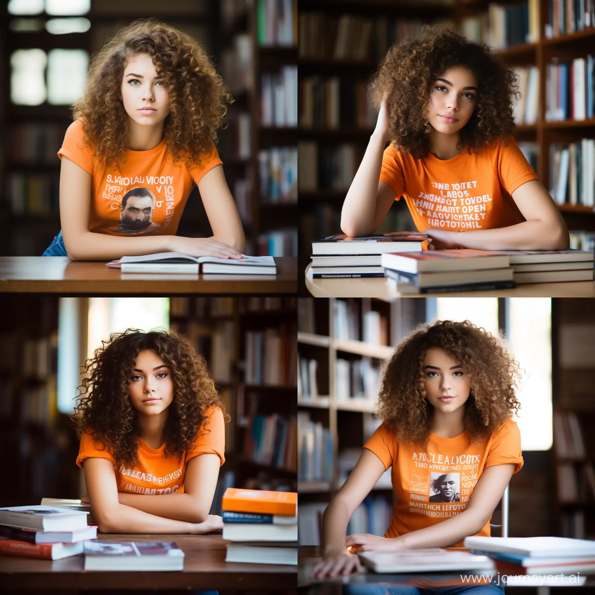 Professional photograph of a beautiful teenage woman, curly hair, orange printed t-shirt american, nuetral expression, sitting in a classroom. Books on the table.