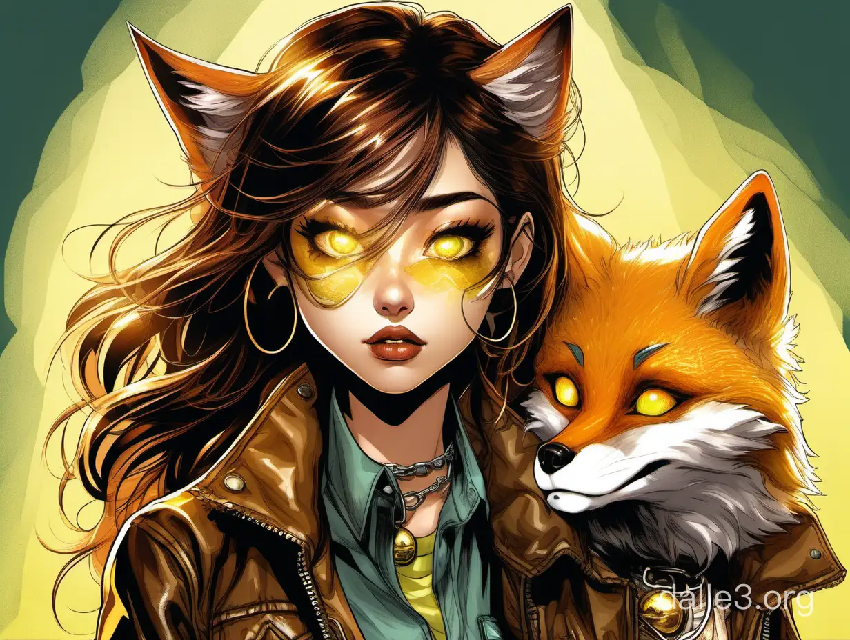 A stunning color sketch, a candid portrait of a beautiful semi-Asian bad girl with long tousled brunette hair, brown eyes, golden freckled skin, peridot jewelry, a brown leather jacket and a collar with a golden bell, biting her." A lower lip with a fanged smile in a sunlit setting. And a beautiful fluffy fox cub with wide-open shiny yellow eyes. Dark fantasy romantic semi-realistic comic style. Volumetric and dynamic lighting. Hyperdotal photorealistic hyperrealistic maximalist masterpiece.