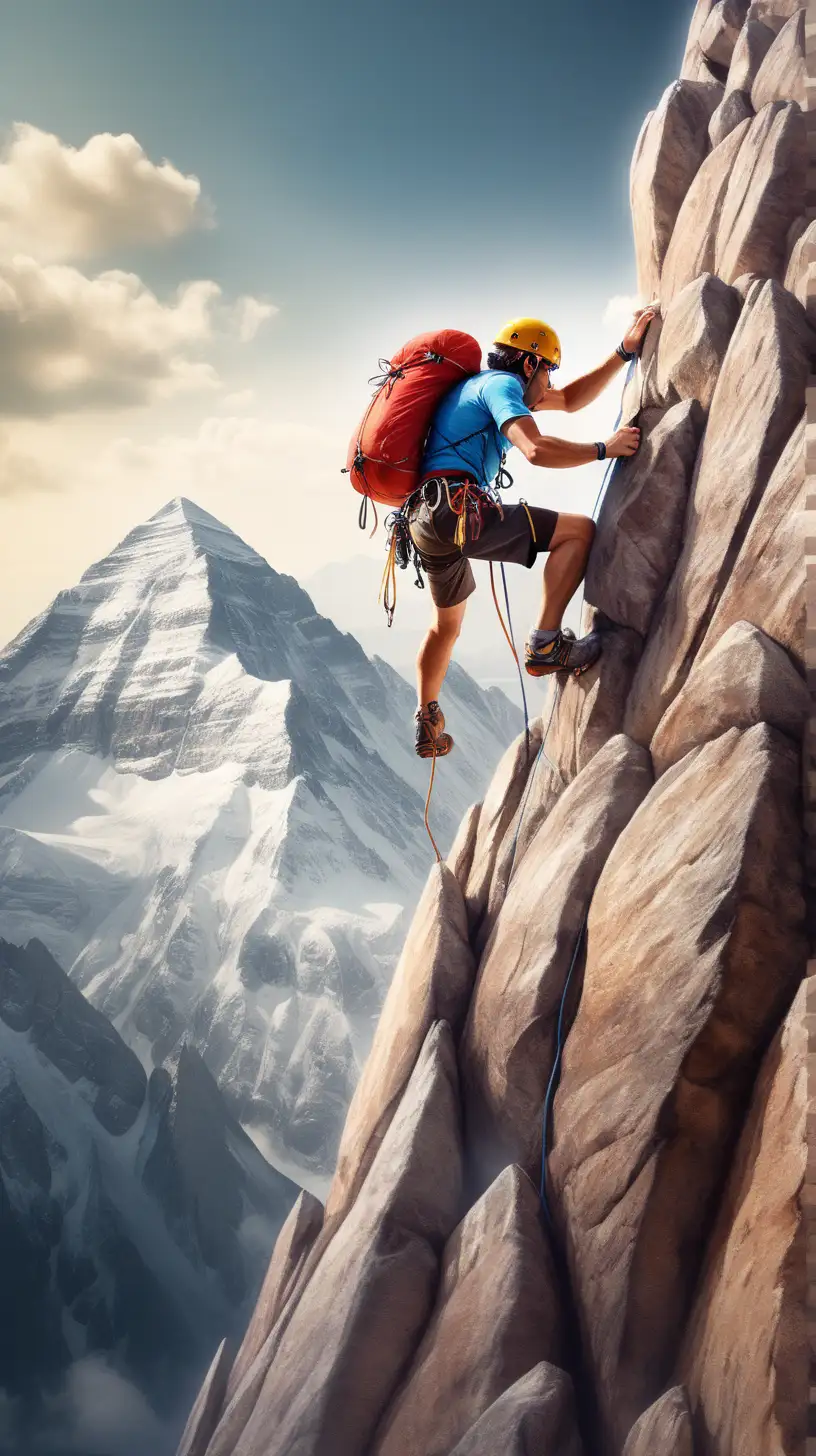 create a realistic image of a climber close to reaching the peak of a mountain, overcoming various obstacles along the way