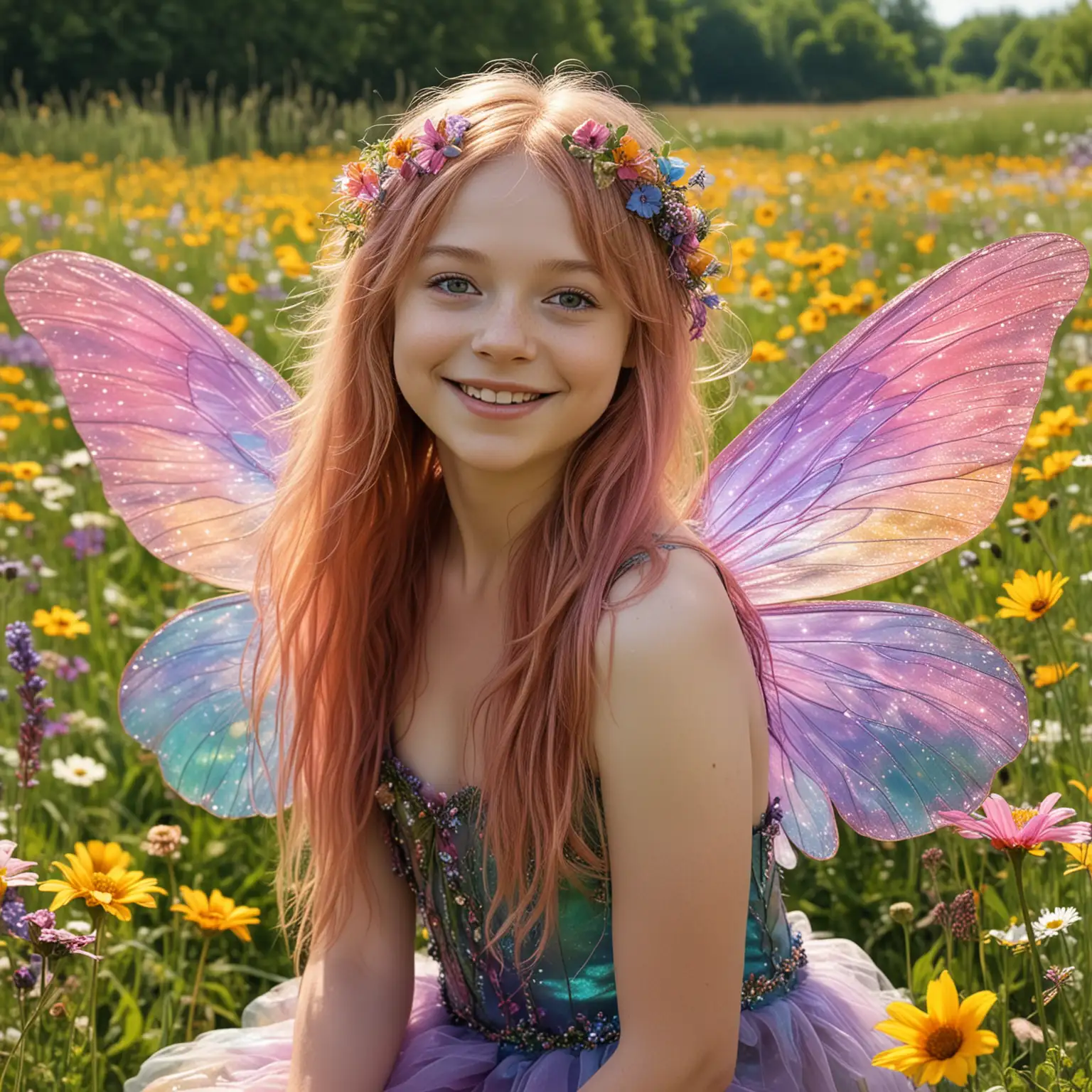 A vibrant and colorful realistic fairy girl with typical  downs  syndrome  features she has long colourful hair she is  happy with iridescent wings and she is in a meadow of flowers