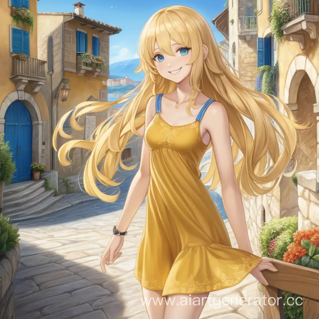 Luca-verse, a girl, slender body, short, yellow dress, blonde hair, long hair, smooth skin, white hair, long hair, wavy hair, blue eyes, smile, summer, Italian village 