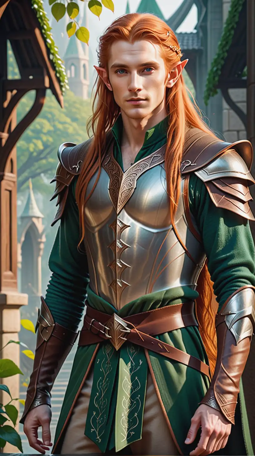 A full body image of a handsome young elvish man, masculine jaw, wearing light armour, long ginger hair, shaved face, sharp features, in a fantasy elvish city full of nature, in a detailed fantasy style 