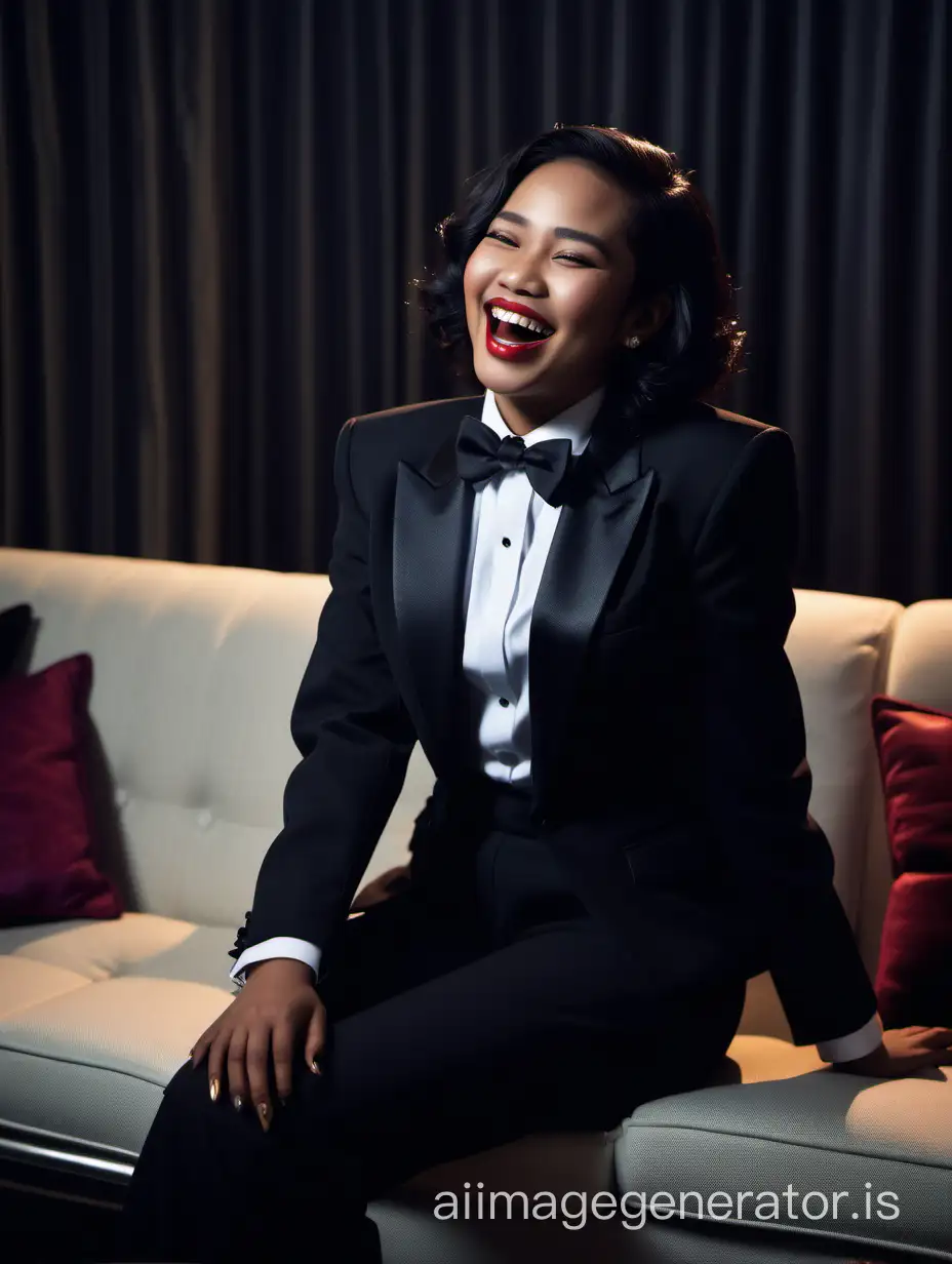 An laughing Indonesian woman with dark skin, shoulder length hair, and lipstick is sitting on a couch in a dimly lit room. She is facing forward, looking at the viewer. She is wearing a tuxedo. Her jacket is black. Her jacket is opened. Her shirt is white and has a wing collar and has cufflinks. Her bowtie is black. Her pants are black.