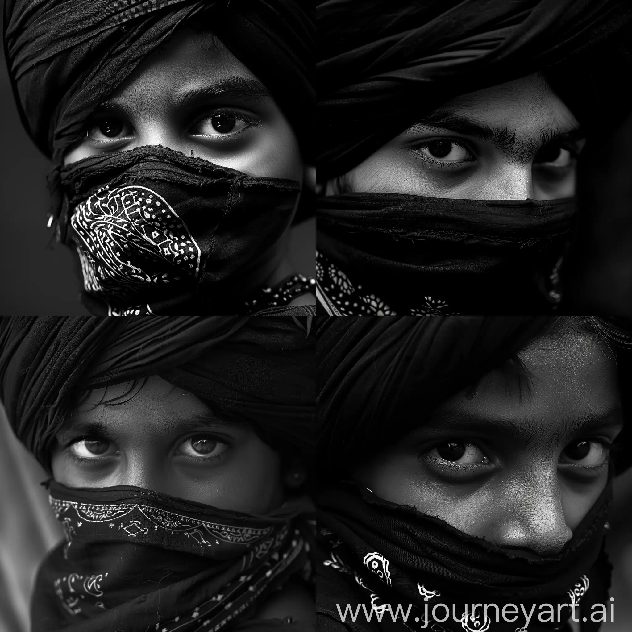 A sikh boy wearing black turban and bandana,his age Is 15 years old,black and white,a little close up,professional photographic style.