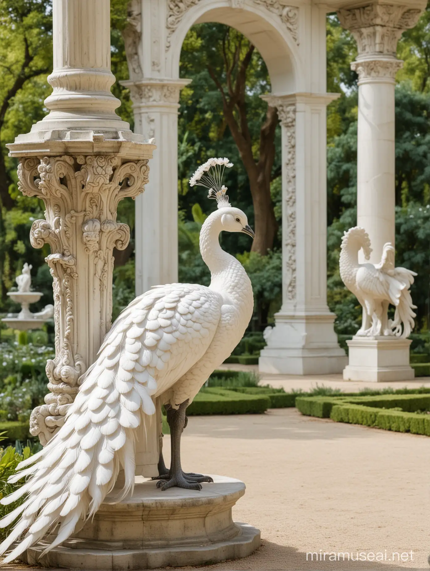 white soft peacock with open tail in beautiful baroque garden with marble sculptures
