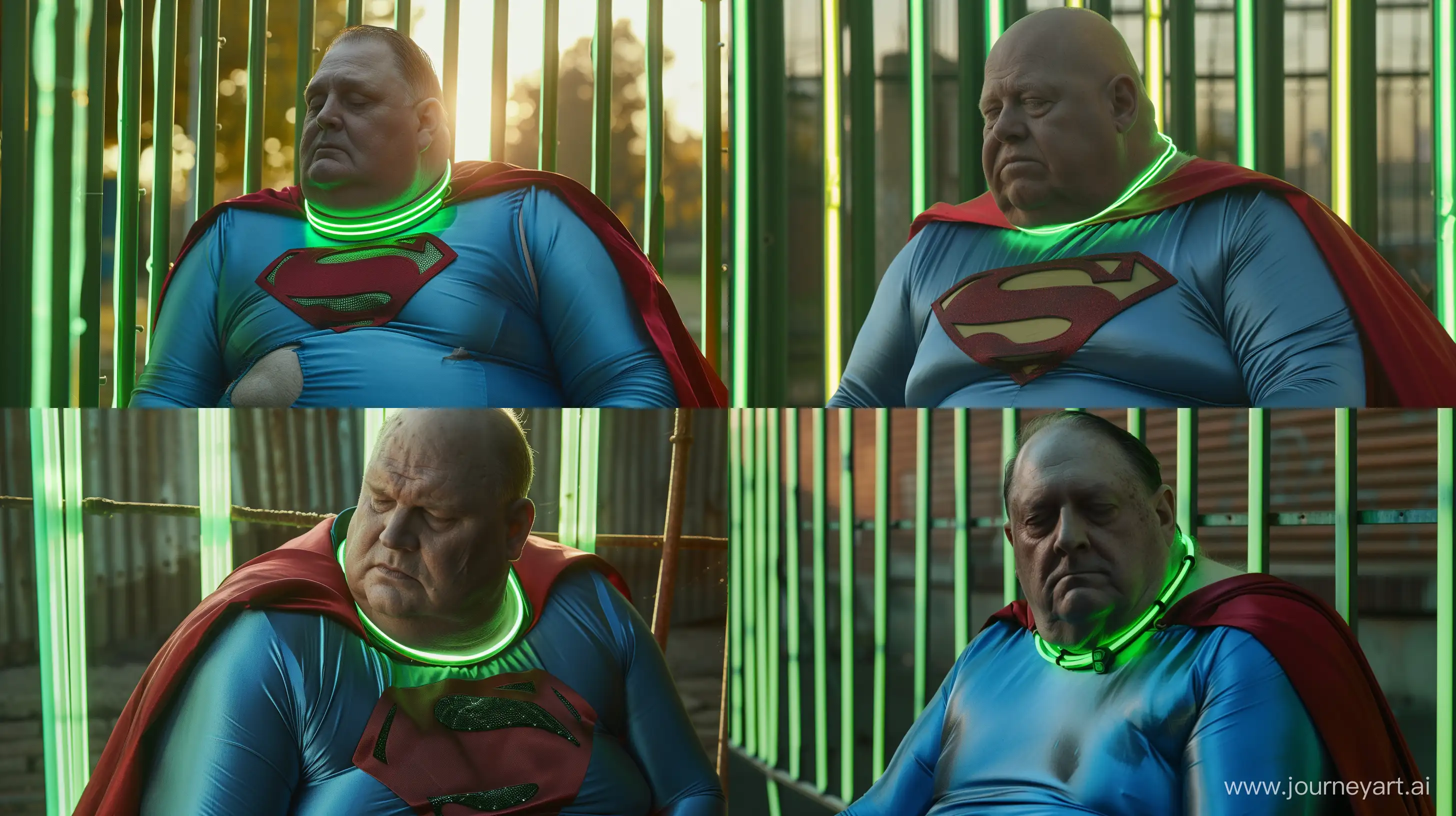 Elderly-Superman-Resting-Against-Glowing-Neon-Bars-Outdoors