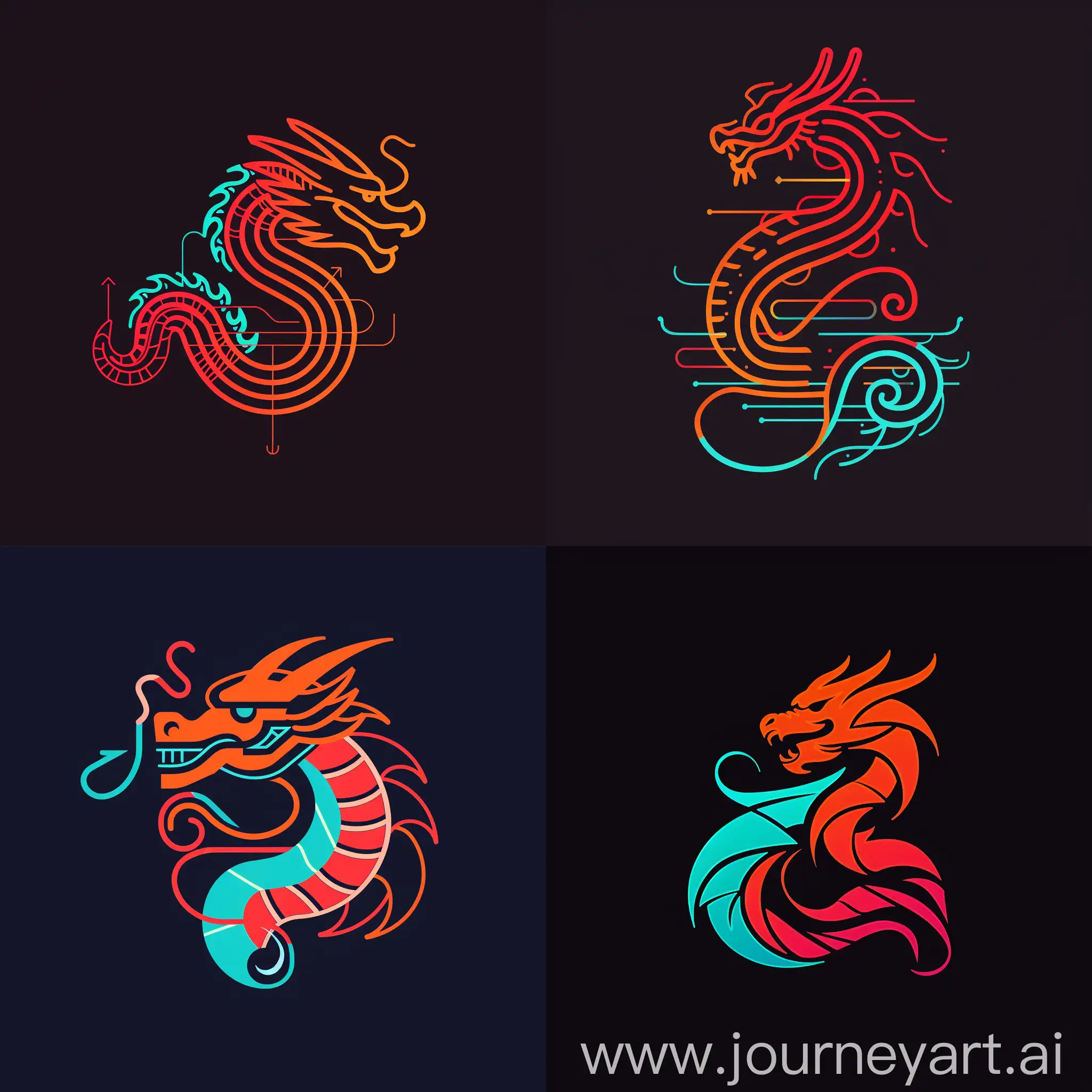 emblem logo for a dragon themed company in the style of cyberpunk futurism, line art, vector art, flat design, red, orange, turquoise, magenta, royal blue
