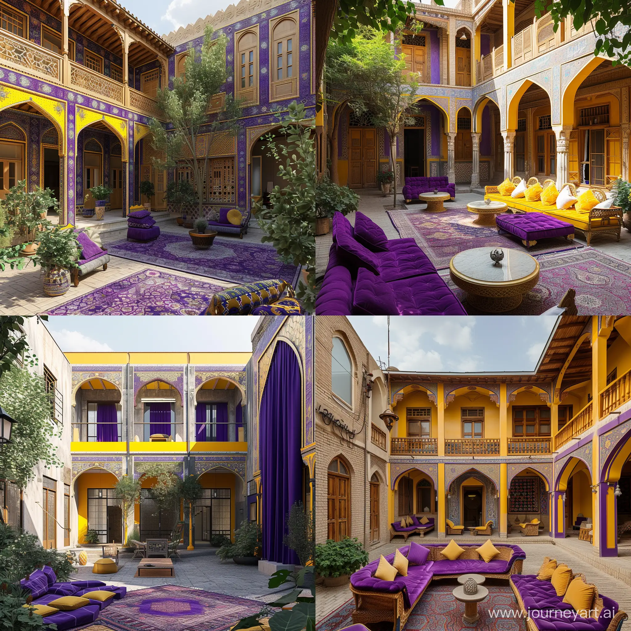 Old Persian house with courtyard and purple and yellow theme