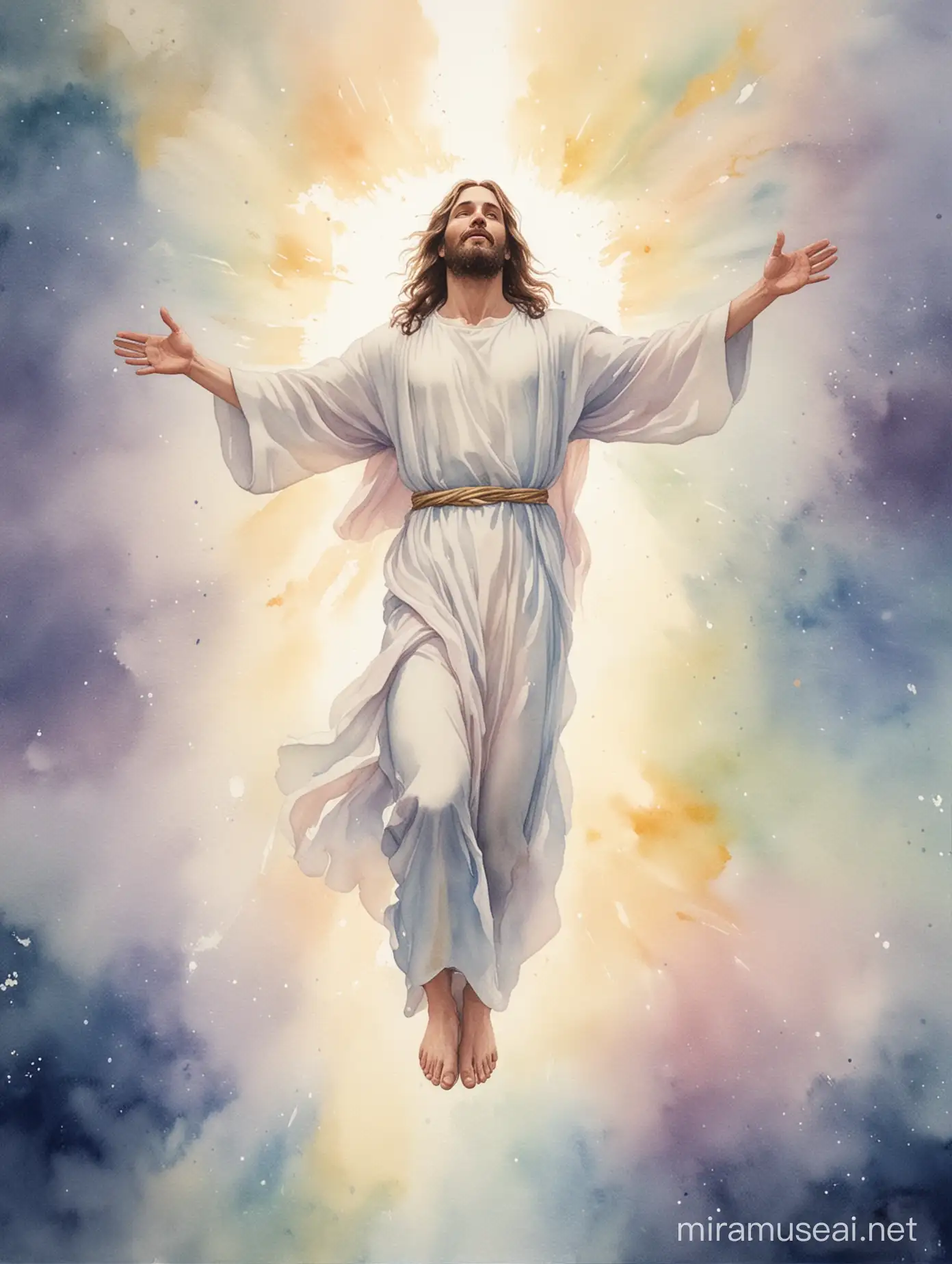 Jesus Christ ascending ethereal in watercolour Happy easter 