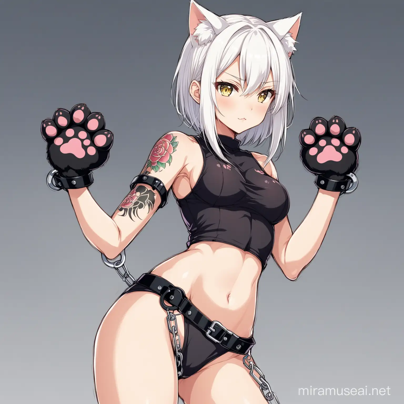 Anime, Catgirl, weiße Haare, sidecut, mit Katzen Pfoten Tattoo auf linker arschbacke, in Handschellen