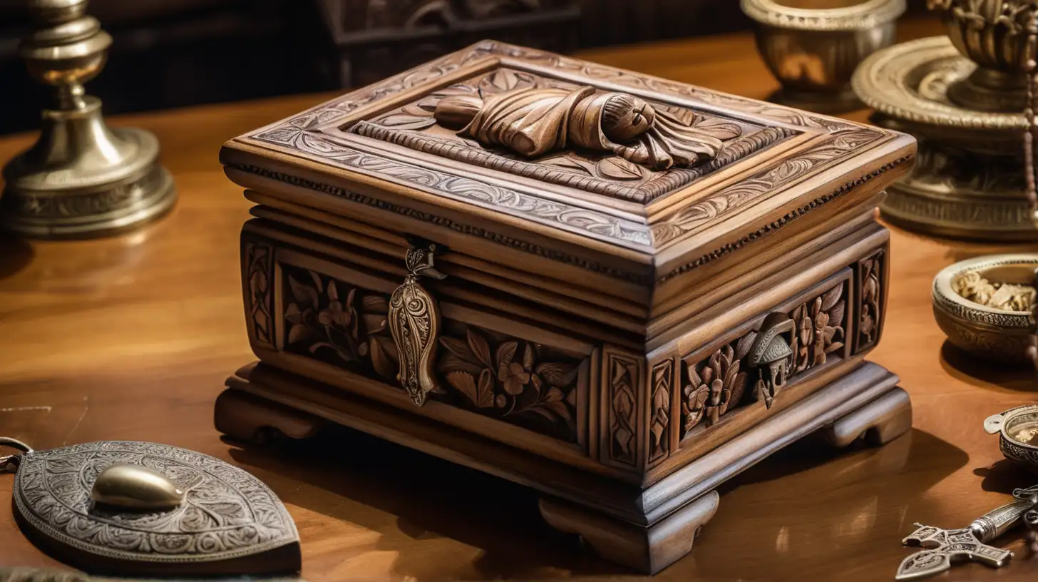 epoque biblique, un petit coffre à bijoux en bois sculpté, richement orné, posé sur une table en bois, dans la maison d'un voleur avec une capuche sur la tête assis à côté du coffre