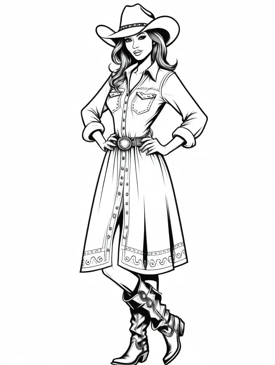 stylish cowgirl dress with sleeves for a coloring book, full body, thick black lines, plain white page background, 