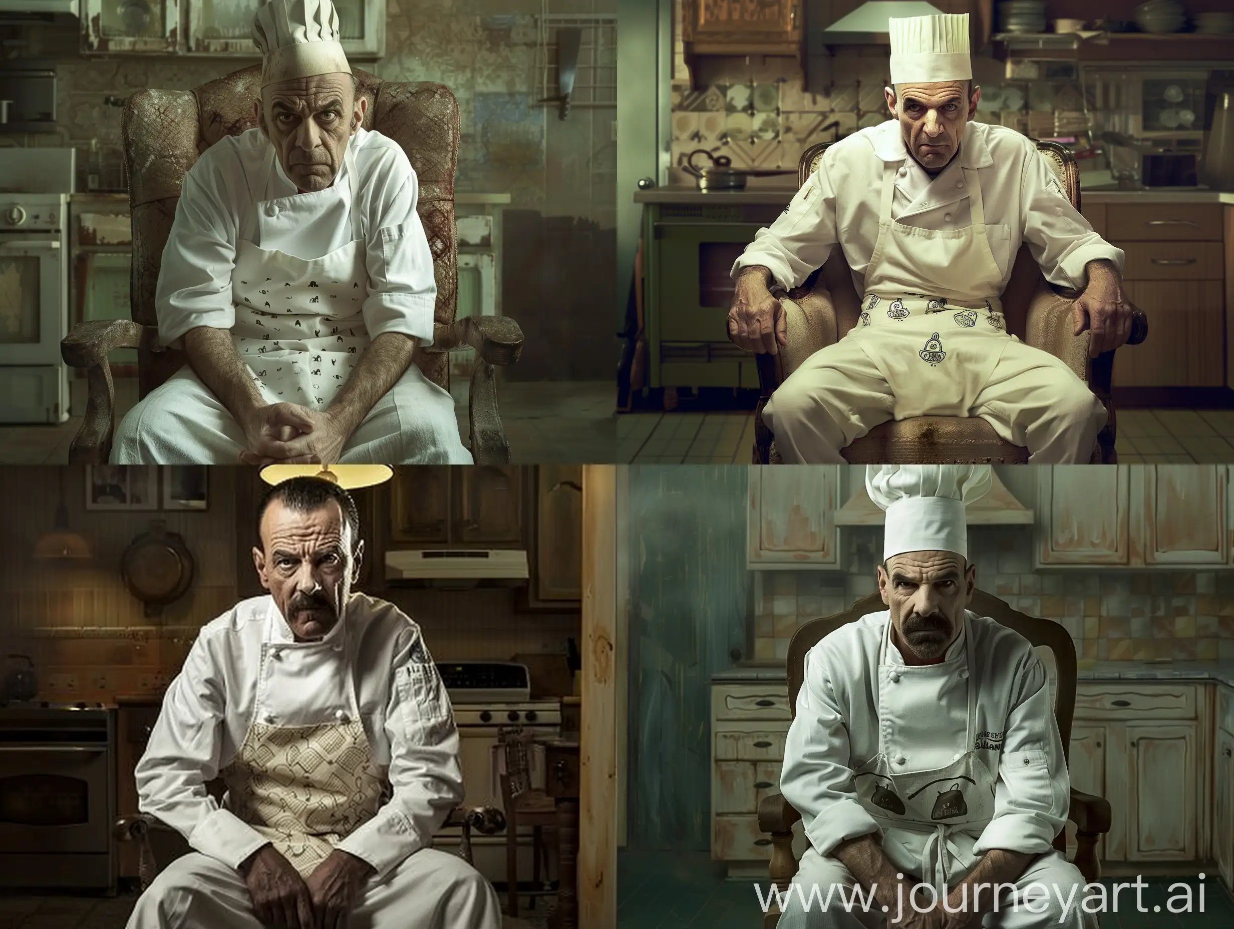 Hector Salamanca (played by Mark Margulies) is bad in Breaking Bad, Hector Salamanca (played by Mark Margulies) angrily rings his doorbell, Hector Salamanca (played by Mark Margulies) sits on an old chair with a kitchen background. Hector Salamanca wears a white chef's uniform, Hector Salamanca wears a chef's hat, Hector Salamanca wears a white kitchen apron with a bell pattern, posing, realistic, modern lighting, q2