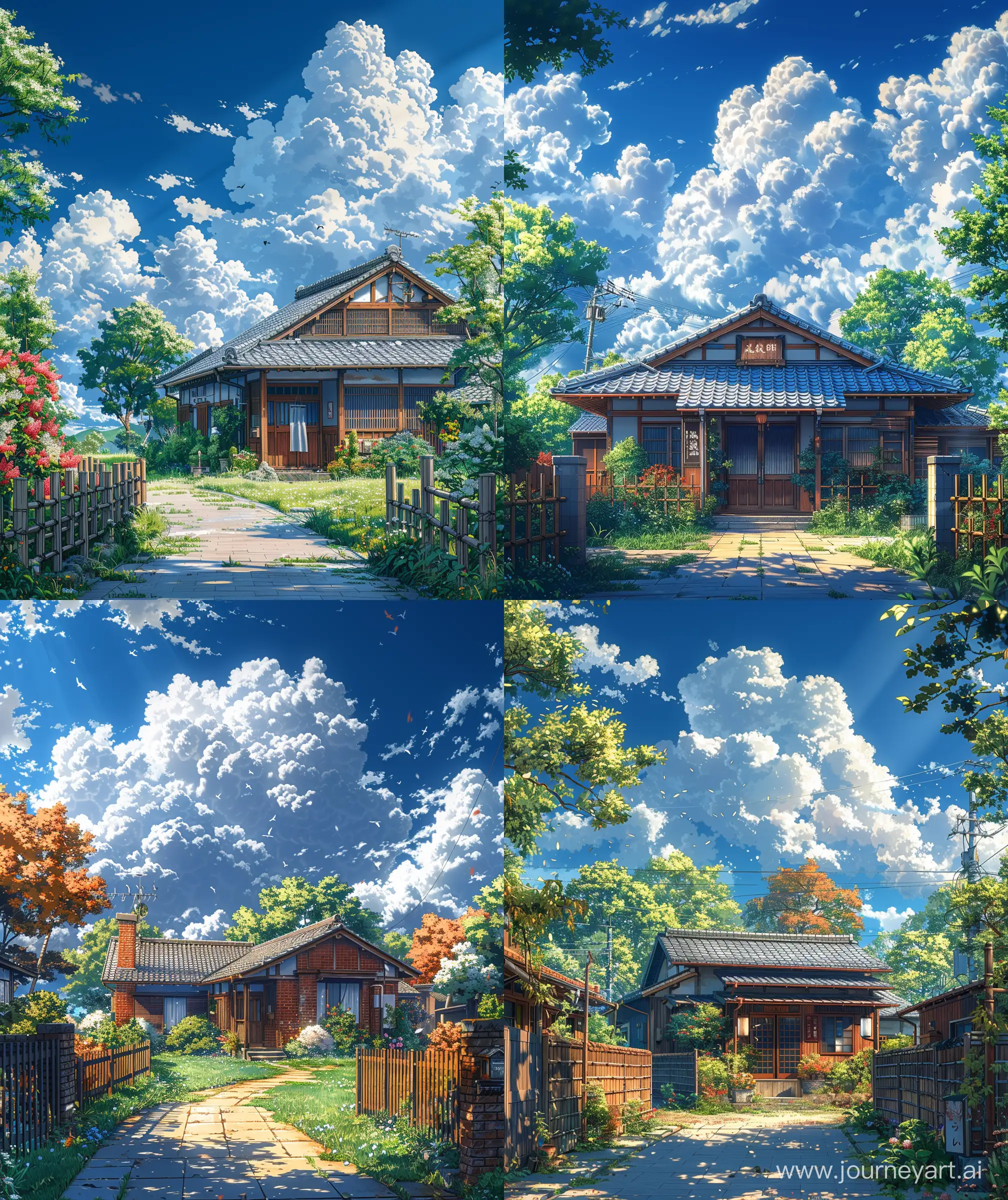 Beautiful anime scenary, mokoto shinkai and Ghibli  style, "Bougainville decoration" suburban house, front view , house across pavement road, fence,  morning , clouds, breeze, illustration, close up view, ultra HD, "high quality", sharp details, no hyperrealistic --ar 27:32 --s 1000