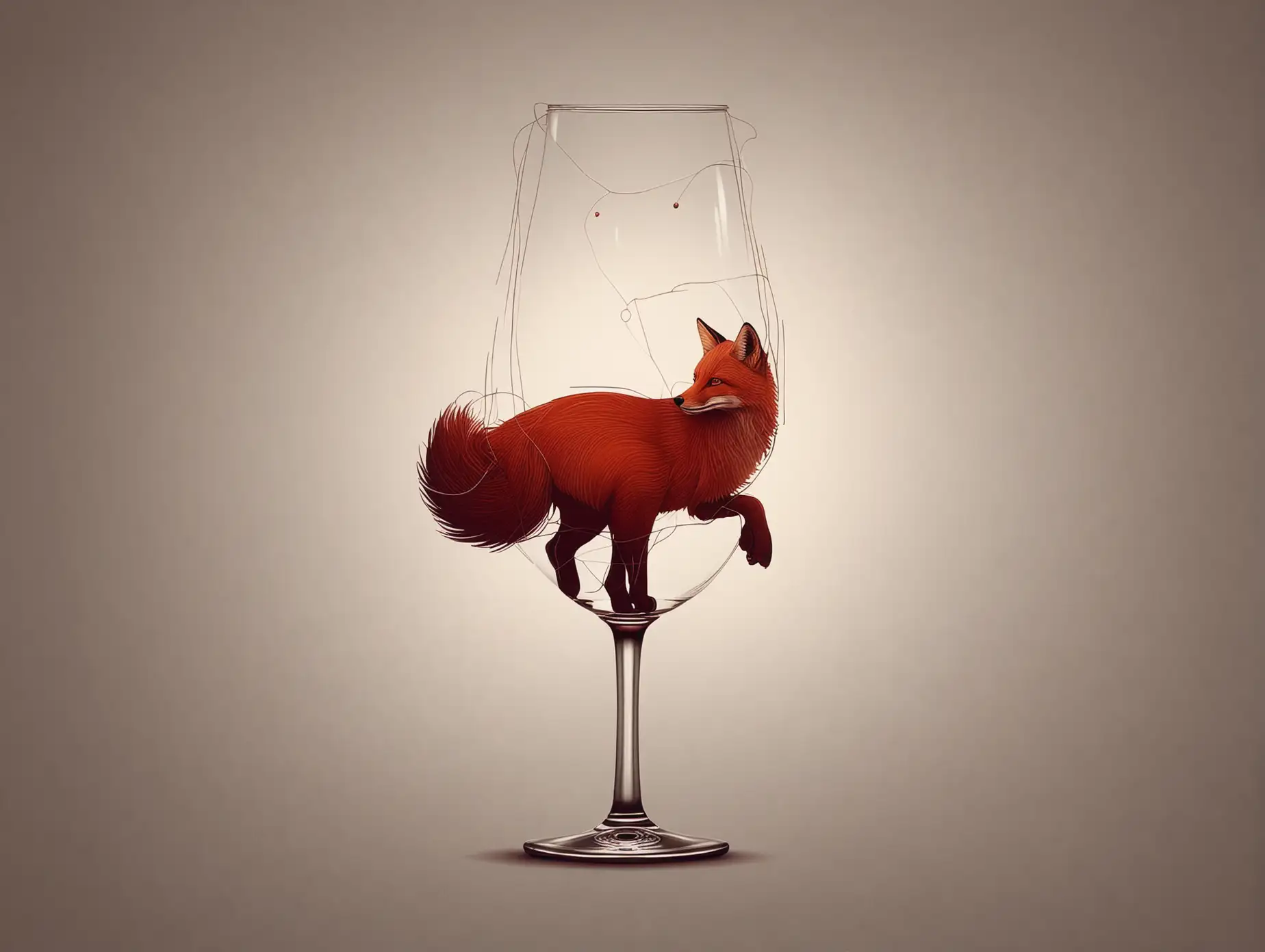 fox silhoutte with simple line draw of an exquisite glass of red wine