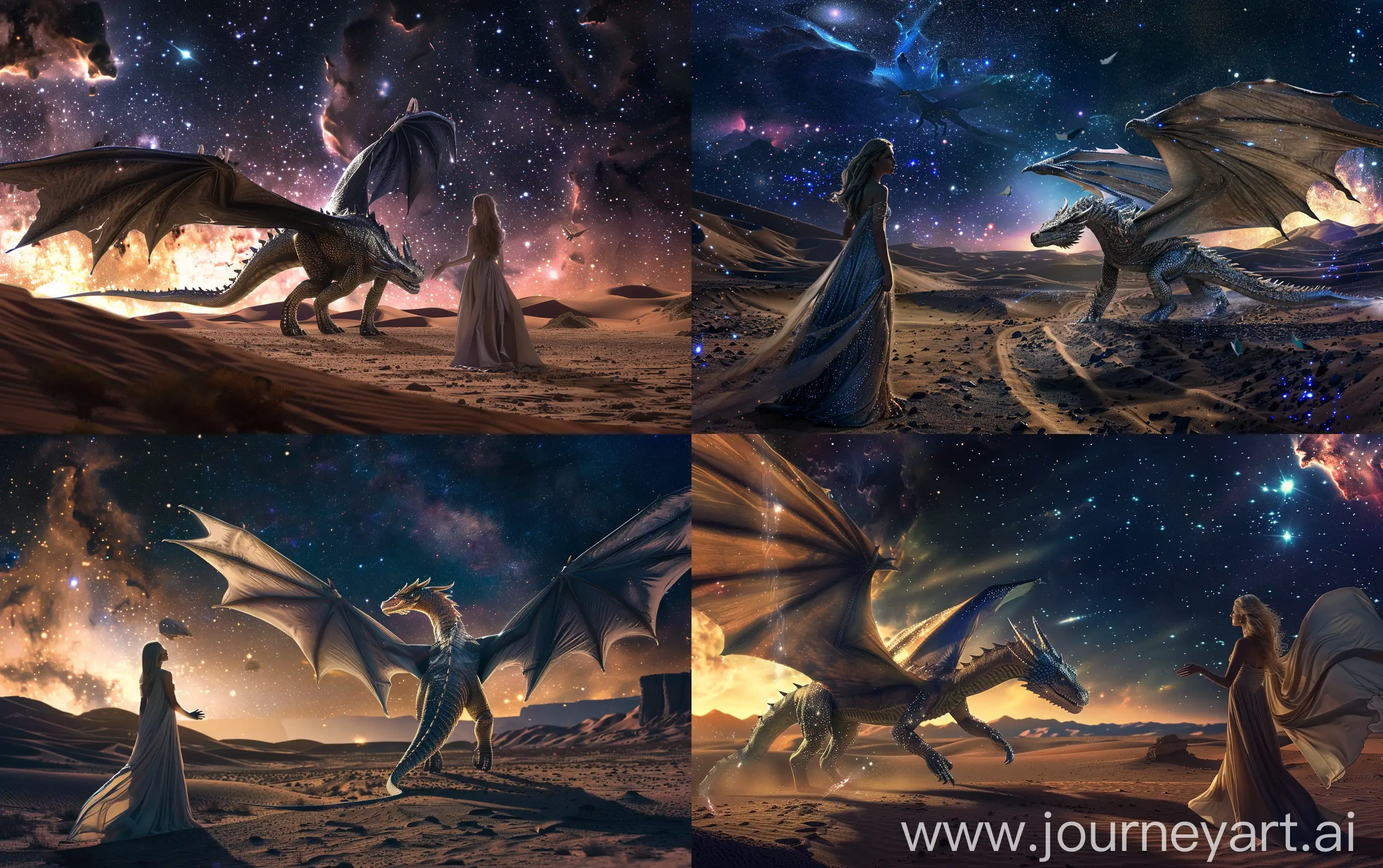 The big winged fairy tale shining dragon walks alone in desert at the distance, beautiful female in a long dress looks at the dragon with hand reached to the dragon, the night dark desert with small hills, in the sky is deep space with bright nebulas, realistic --ar 16:10