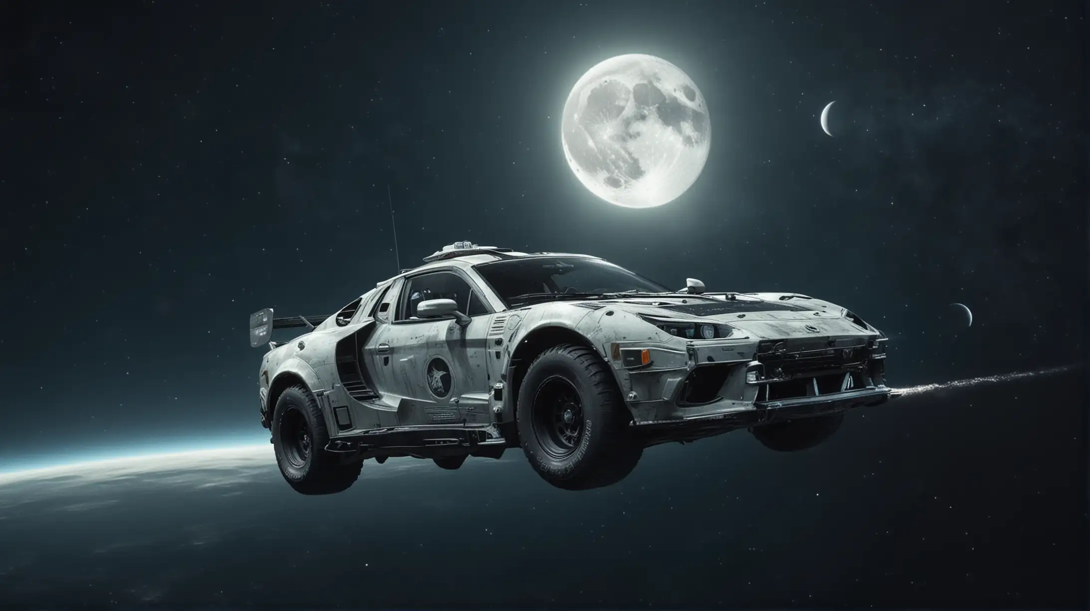 Car in space, moon in the background floating in space with driver
