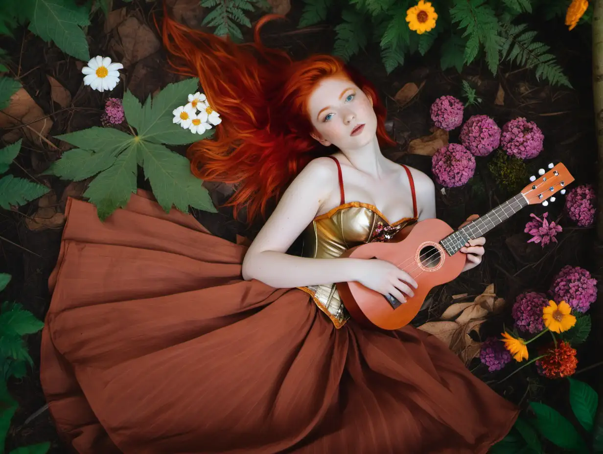 girl lying on a forest floor surrounded by colourful flowers, holds a ukulele, dressed in rust coloured layered skirt and gold corset, shoulder length red hair
