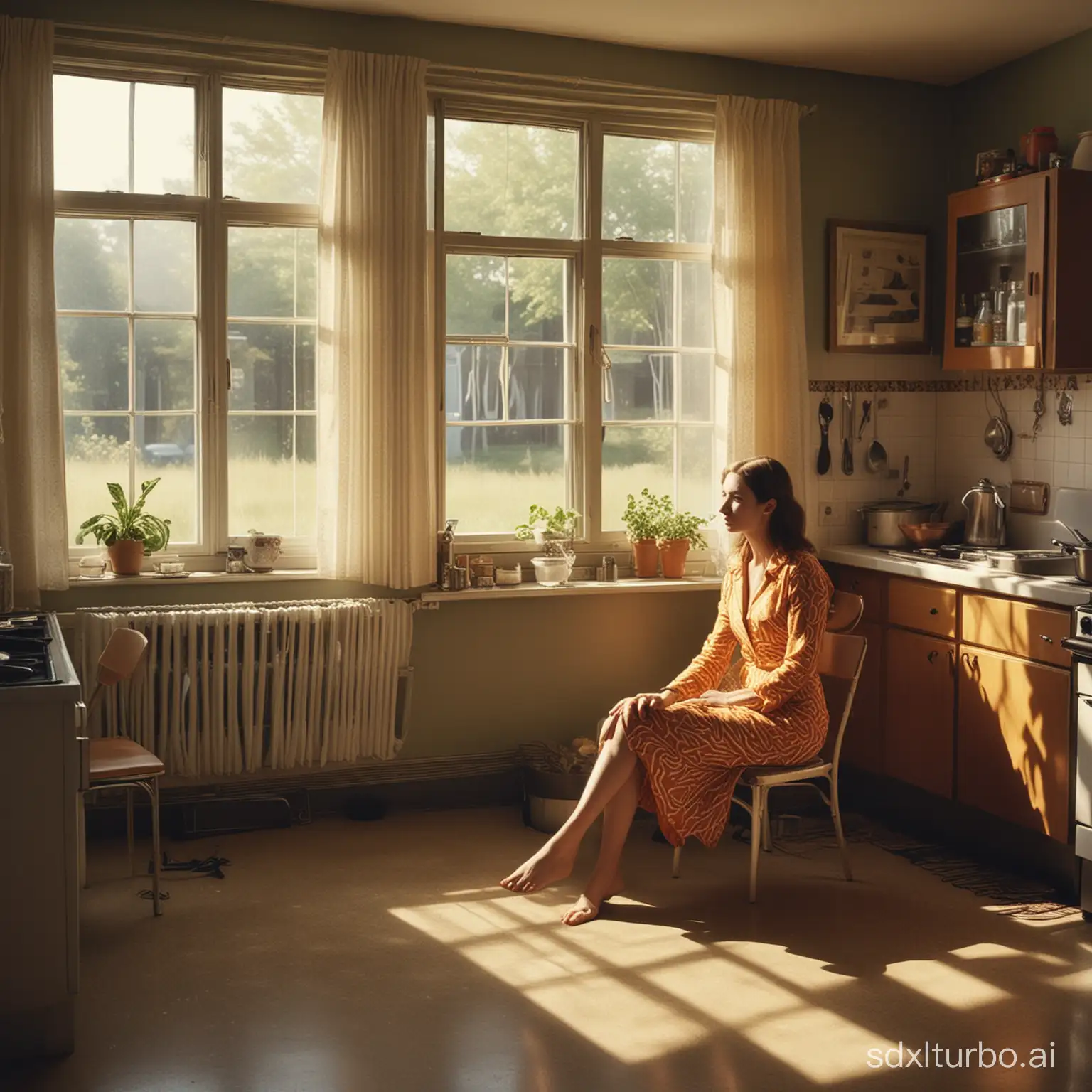 A young woman dressed in 1970s clothing is sitting In a kitchen furnished in the style of the 1970s, light enters through a side window. In the kitchen is a tame zebra. Style of gregory crewdson