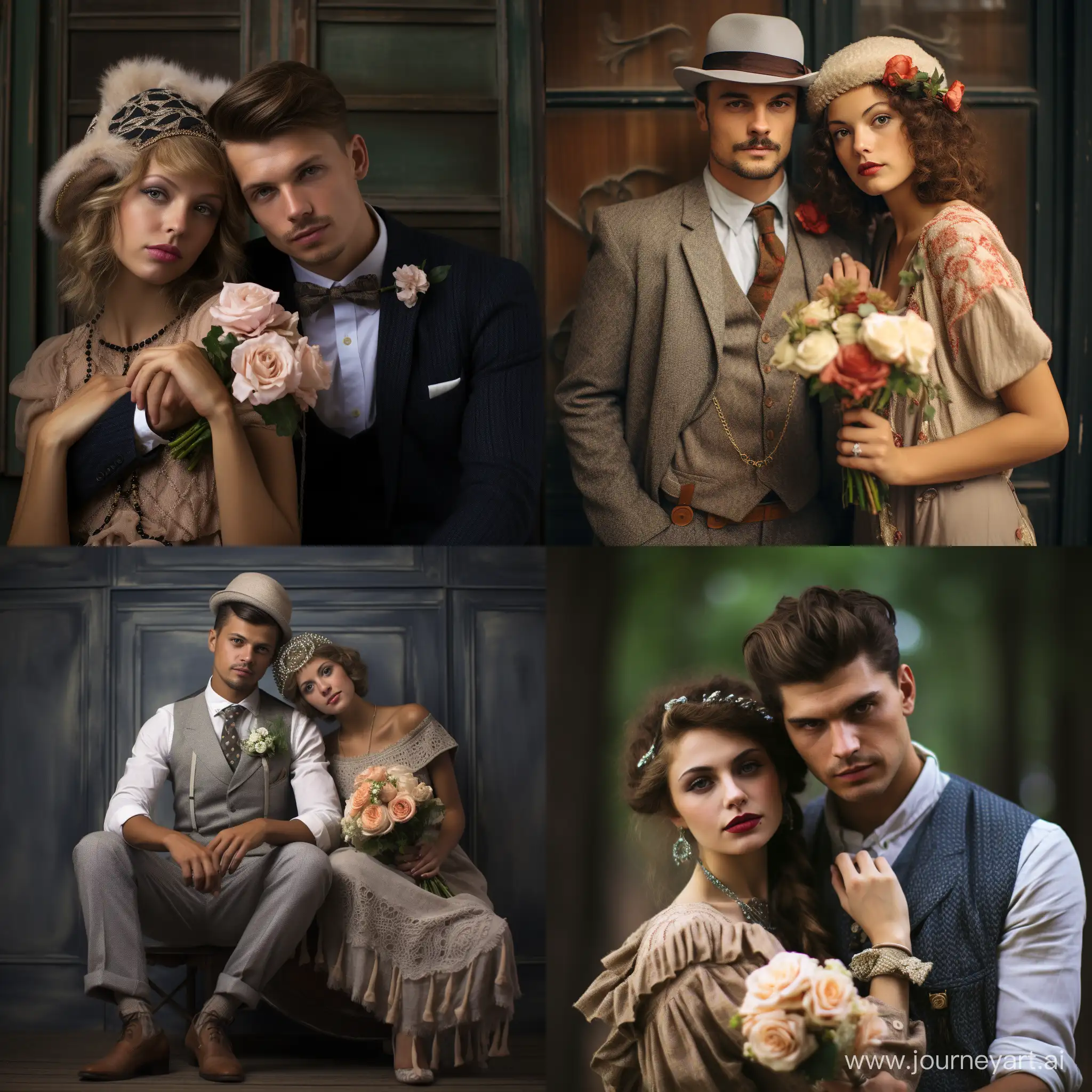 Married young French couple dressed in 1920s bohemian fashion