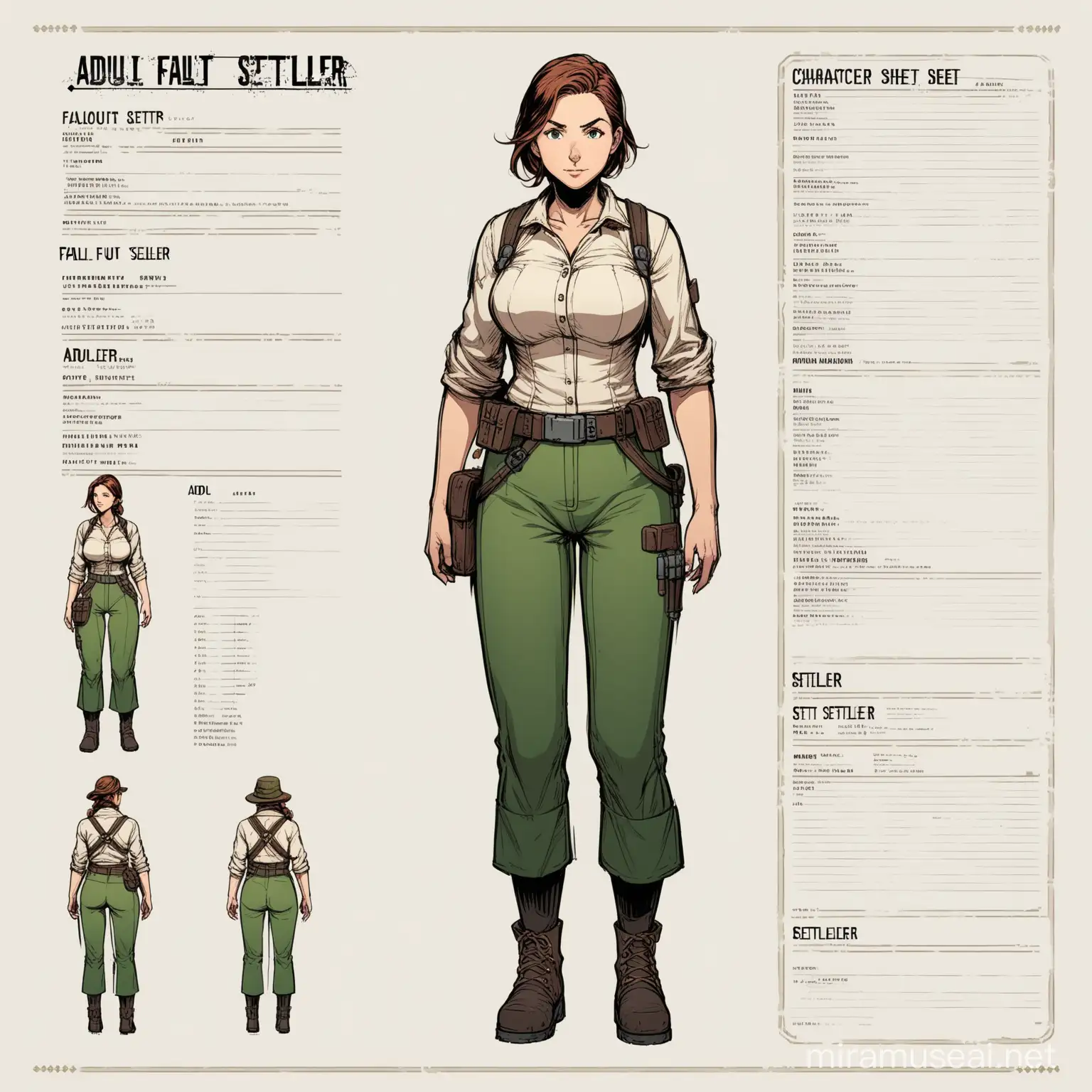character sheet, white background, adulte female settler from fallout, full body image