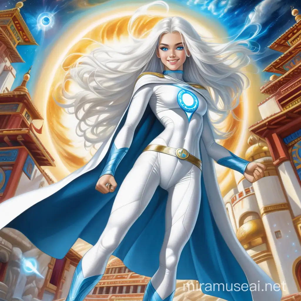 Hermosa diosa adolescente de cabellos blancos largos y ojos azules vestida con traje blanco entallado ajustado y botas con capa larga blanca en actitud de superheroe flotando en el aire  sonrisa de superheroe rodeada de luz poder y energía cósmica, sus ojos azules brillan,y de fondo un monasterio tibetano y la palabra kaliman war of the kali  anime escrita con letras blancas y la diosa 




















More

Prompt

Jovencita adolescente de cabellos blancos y 
largos y ojos azules vestida de traje entallado blanco ajustado, con botas, lleva un medallon con una esmeralda verde al cuello, esta flotando en el aire en posición flor de loto rodeada de poder energía cósmica y fuego y de fondo un monasterio tibetano en llamas y la diosa Kali y a sus pies la palabra kaliman war of the kali



