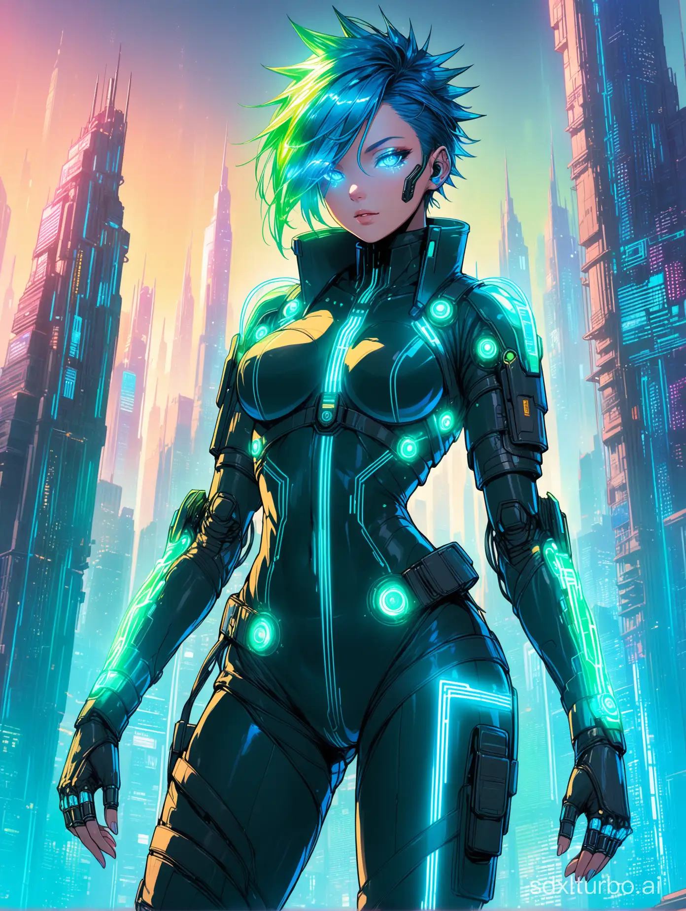 A futuristic cyborg woman with glowing blue circuits and wires visible beneath her translucent skin, in a Cyberpunk style. Her short, spiky hair is a vibrant shade of electric blue, and her eyes are an piercing bright green. She wears a sleek black jumpsuit adorned with neon accents, complete with a utility belt at her waist and a pair of high-tech gauntlets on her arms. In the background, a cityscape of towering skyscrapers and holographic advertisements stretches out into the distance, bathed in a warm, pulsing light. The atmosphere is one of dynamic energy and constant evolution