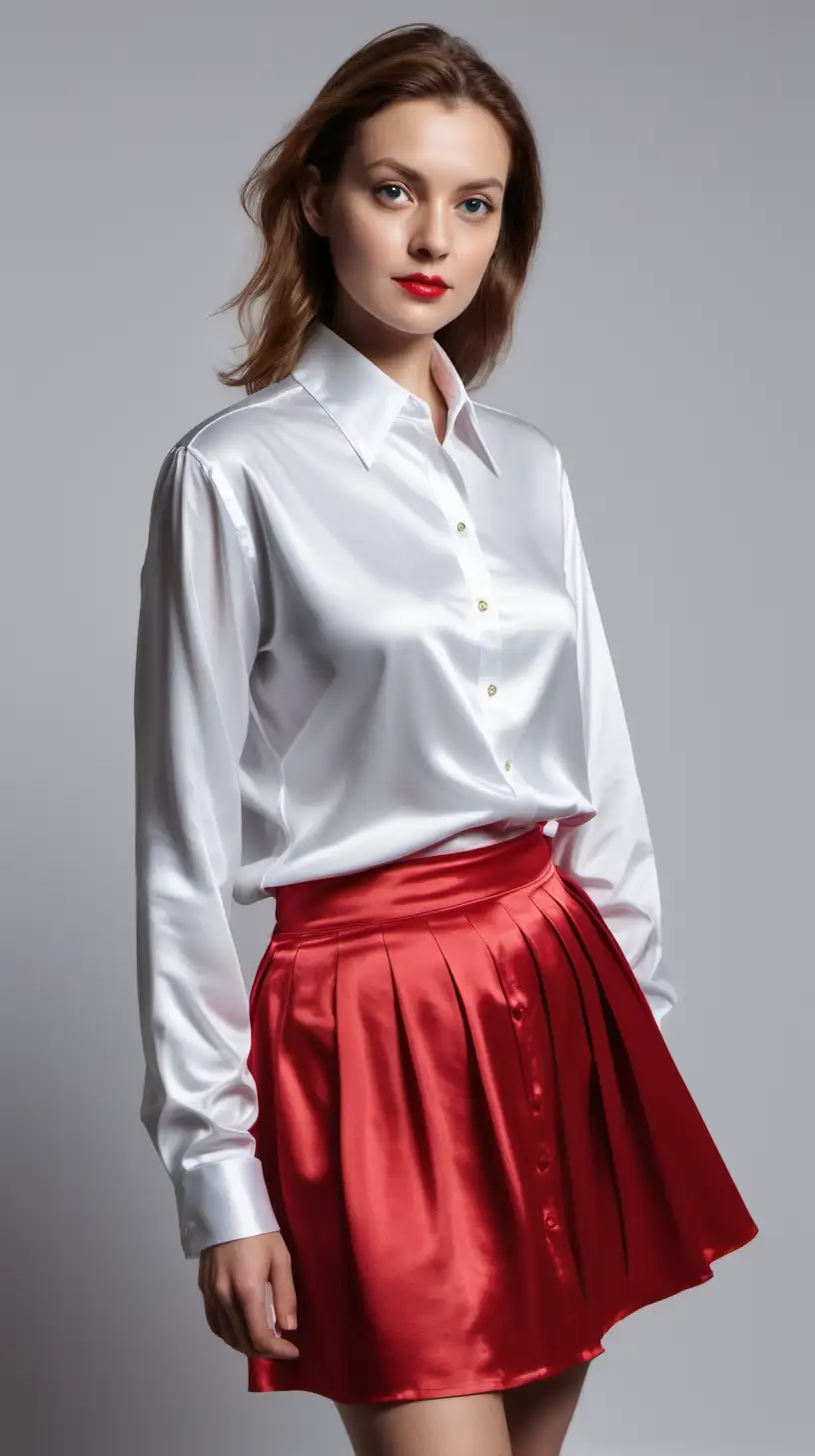 Fashionable Silky White Satin Shirt and Red Cotton Skirt