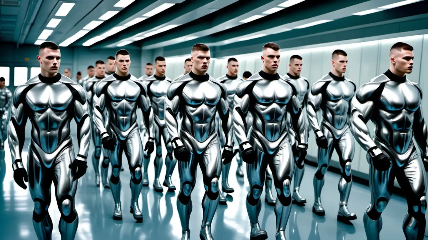 in a very futuristic laboratory, a group of 8 identical muscular soldiers, all with high and tight military haircuts, wearing shiny silver metallic rubber suits are marching ahead
