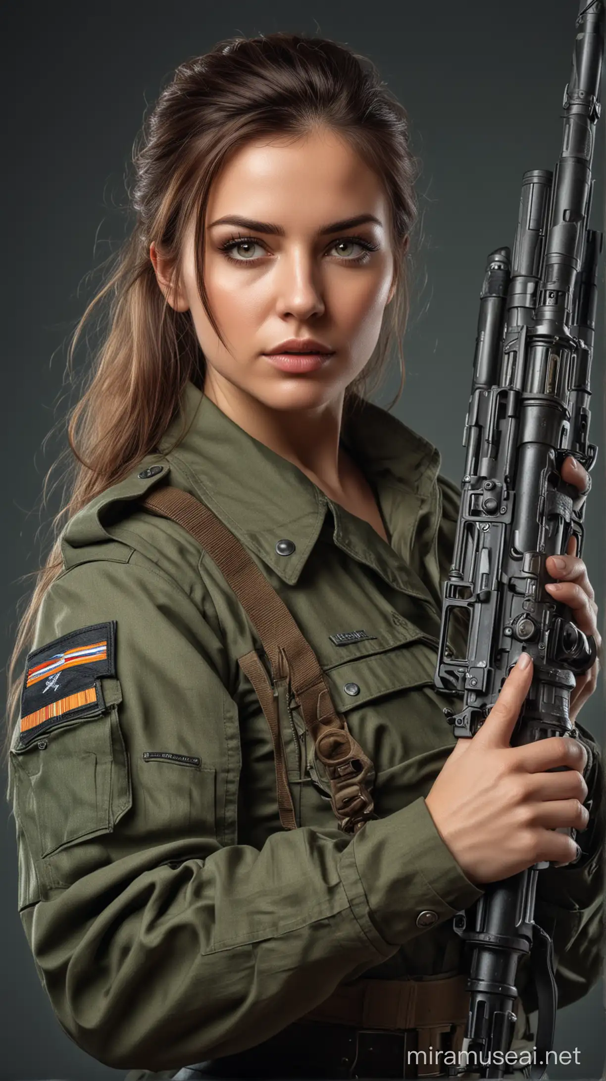 realistic portrait of a beautiful woman in military uniform with a powerful weapon in her hands