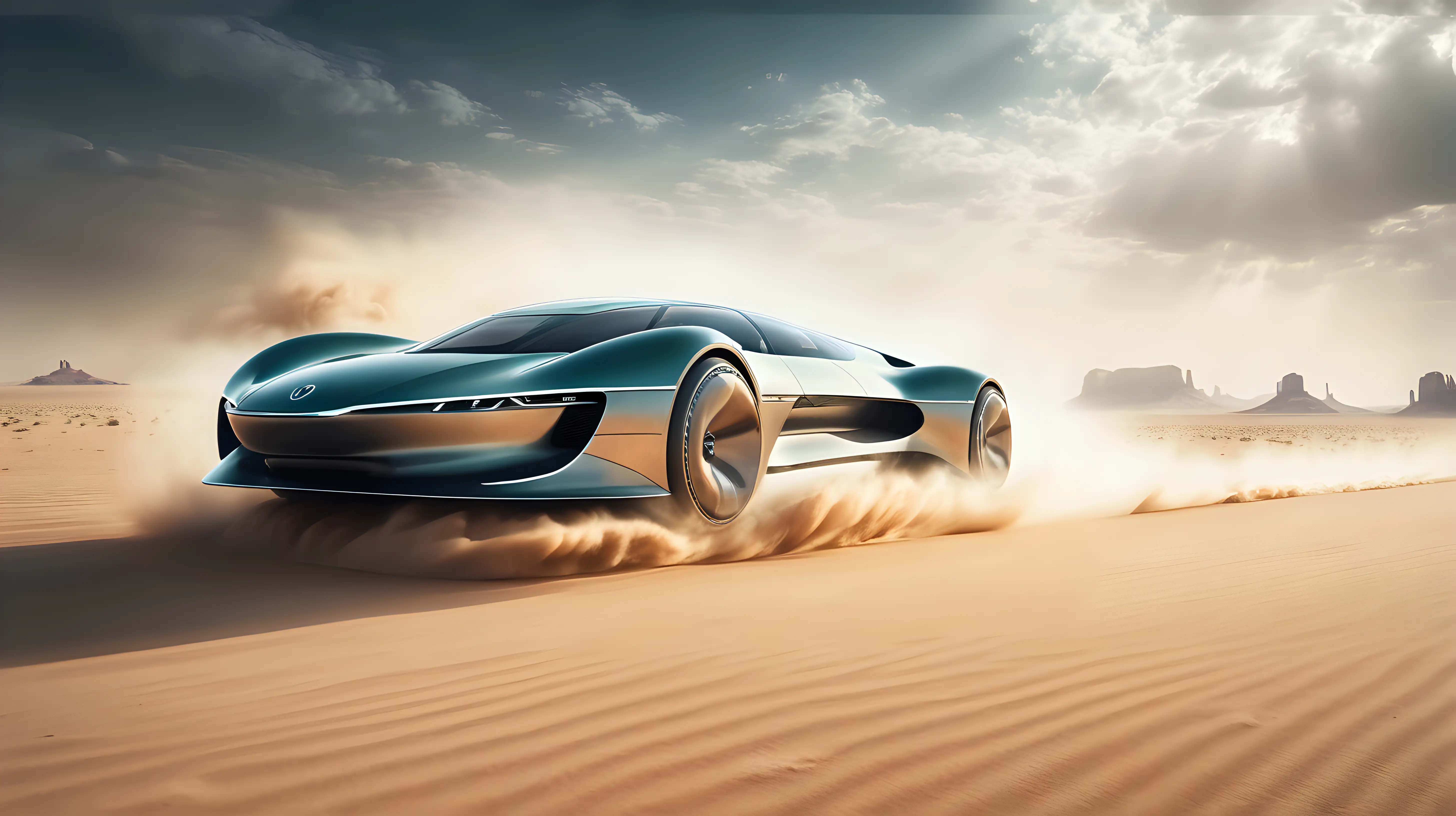 An electrifying image of a futuristic car speeding across a desert landscape, kicking up clouds of dust behind it as it races towards the horizon, creating a dramatic wallpaper.