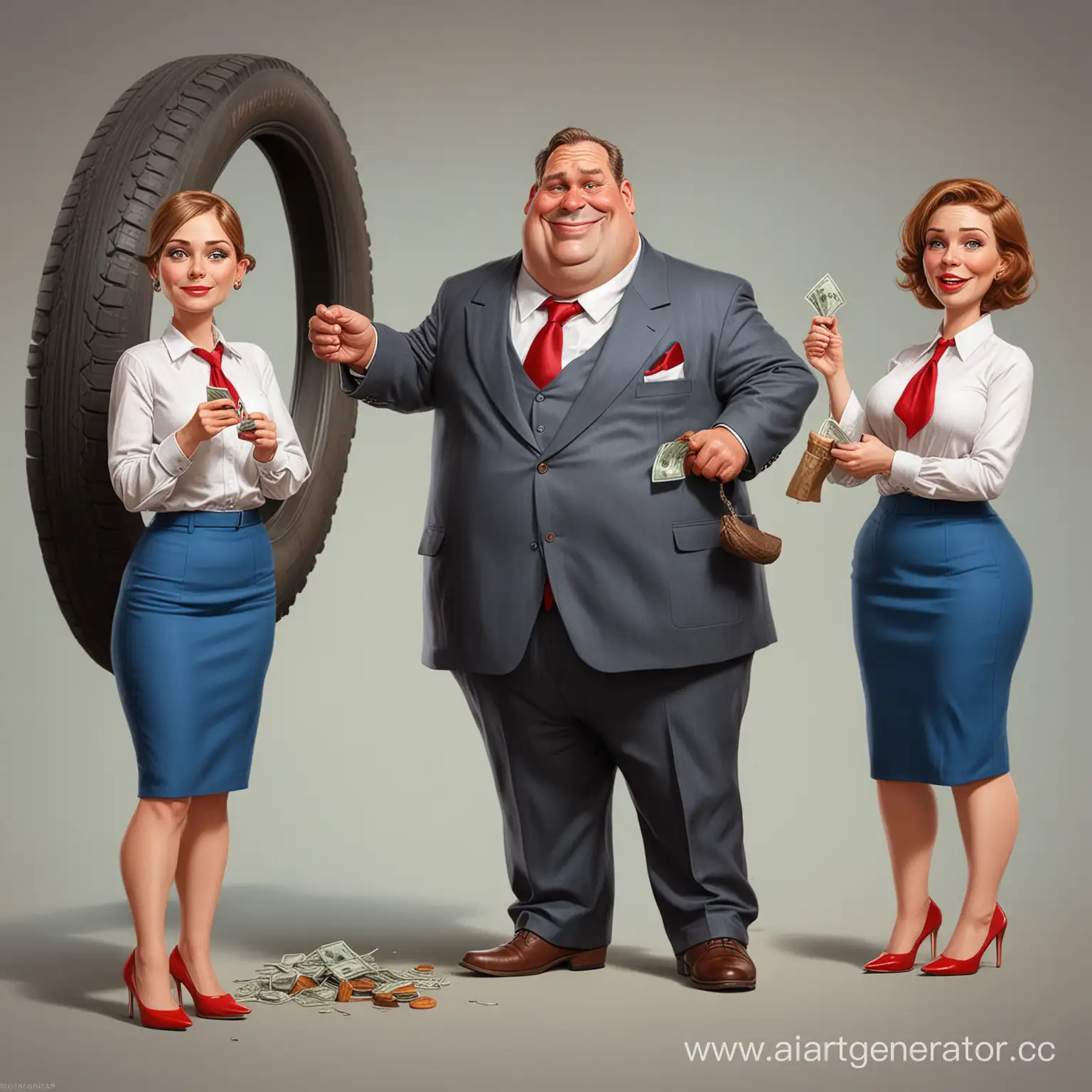 Caricature, 1) fat man, white shirt, red tie, brown suit, hand holding a tire, money inside the tire, nervous in the face, 2) thin man, sly face, blue suit, kettle in his hands, 3) fashionable woman, red dress, high heels, cigarettes from a pipe in his hand