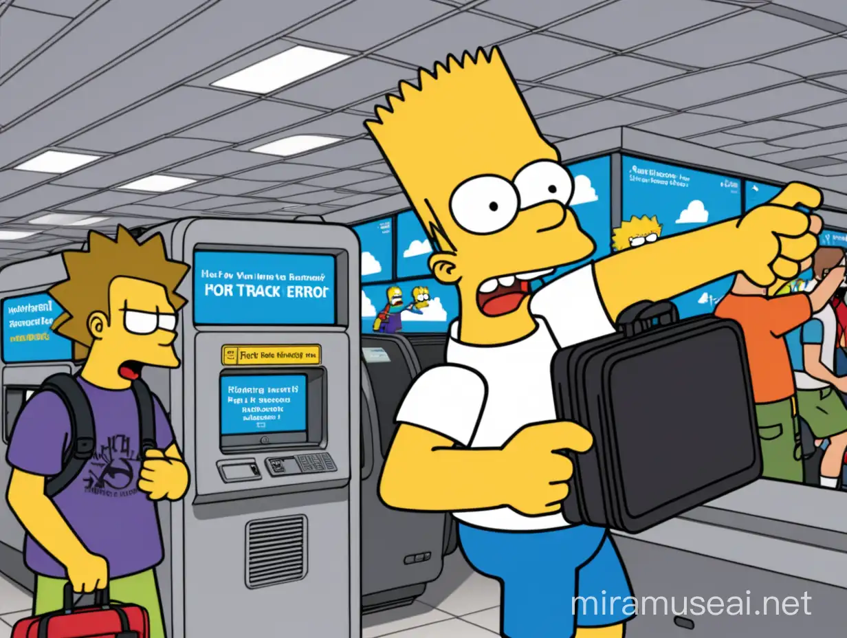 Bart Simson raging at the airport because fast track not working with a syntax error message on all screen
