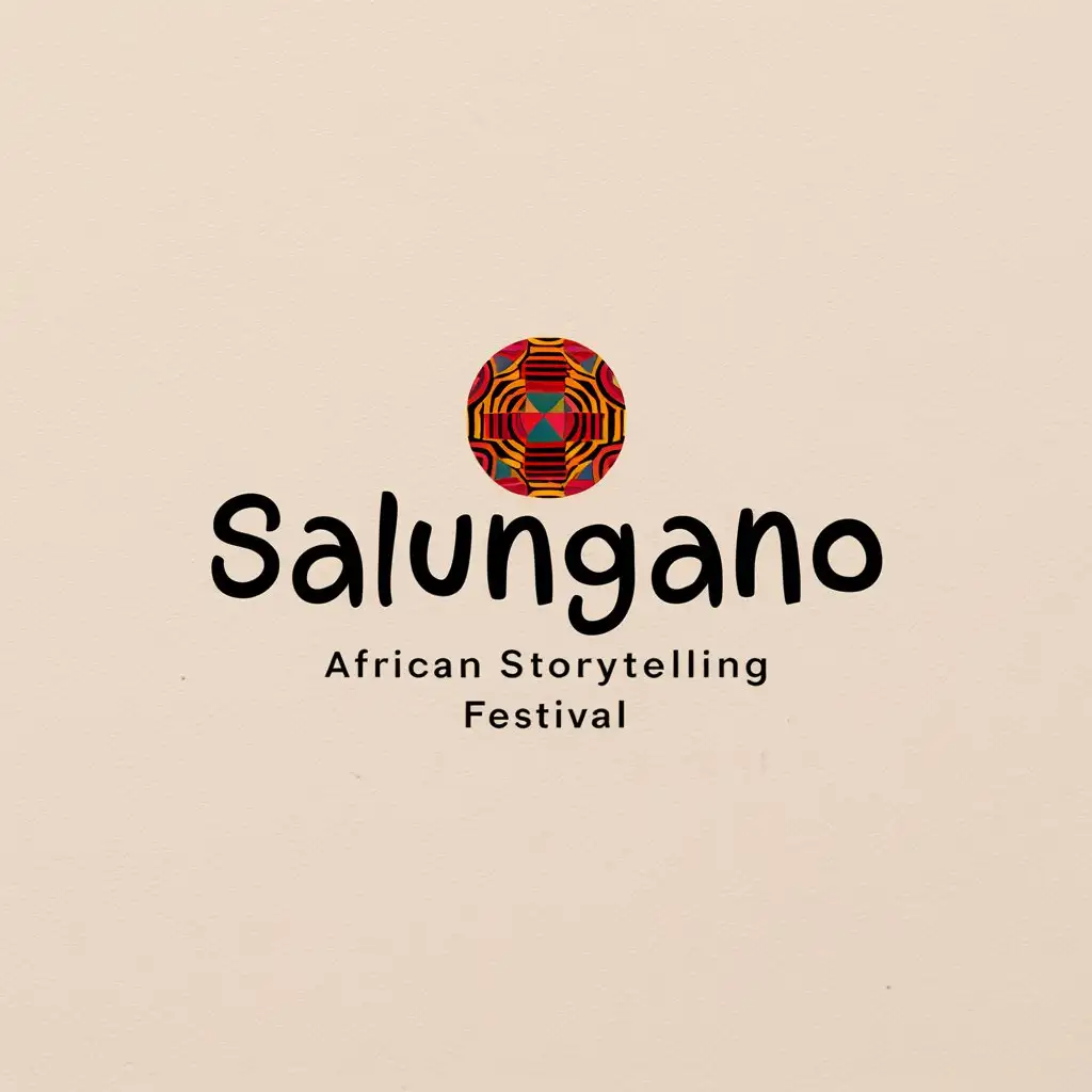 minimalistic colour logo for "SALUNGANO" title must centre the logo, Smaller title "African Storytelling Festival" white background