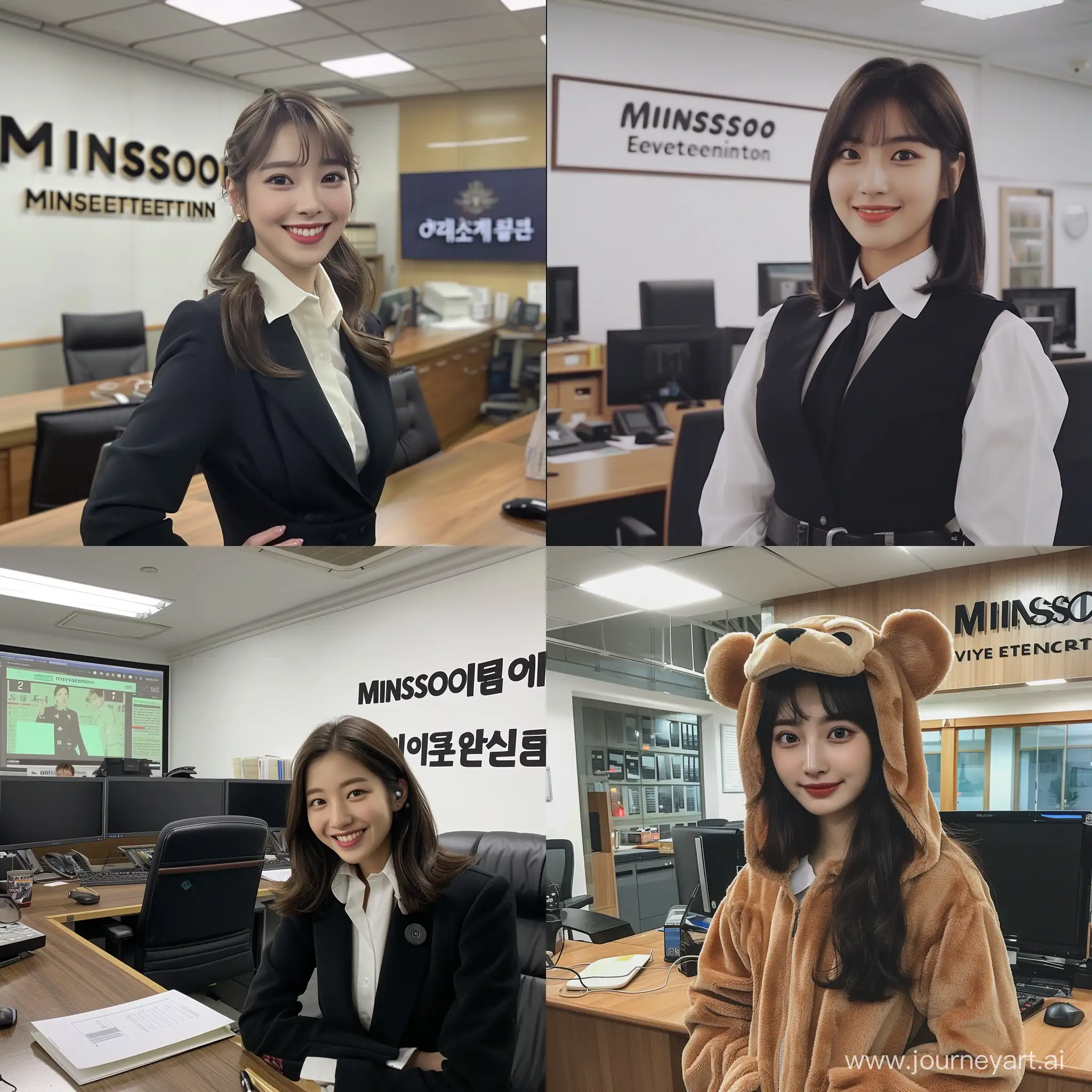 Korean girl in office costume in office with "Minsoo Entertainment" Written on wall