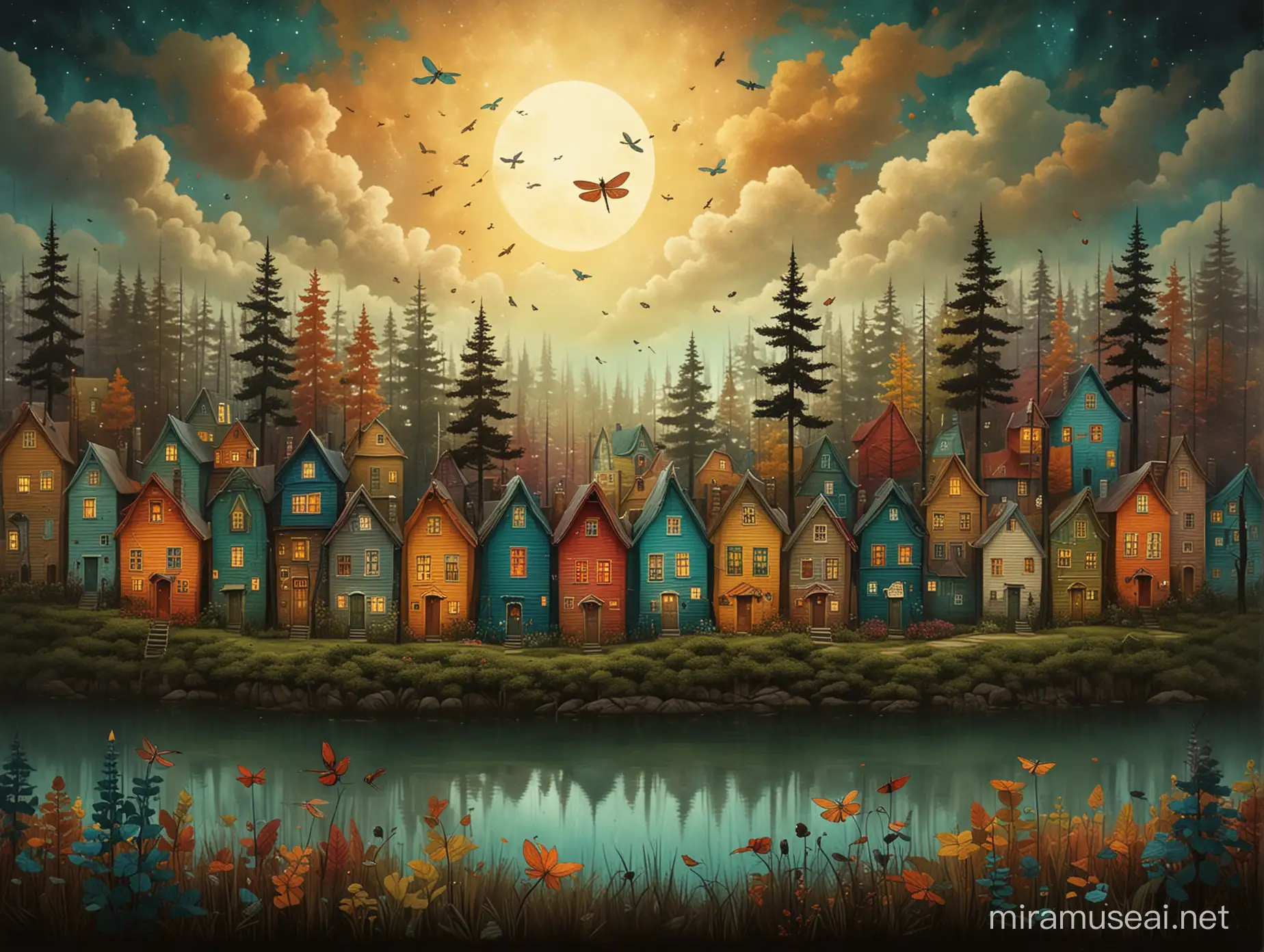 Enchanting Forest with Colorful Houses and Flying Dragon