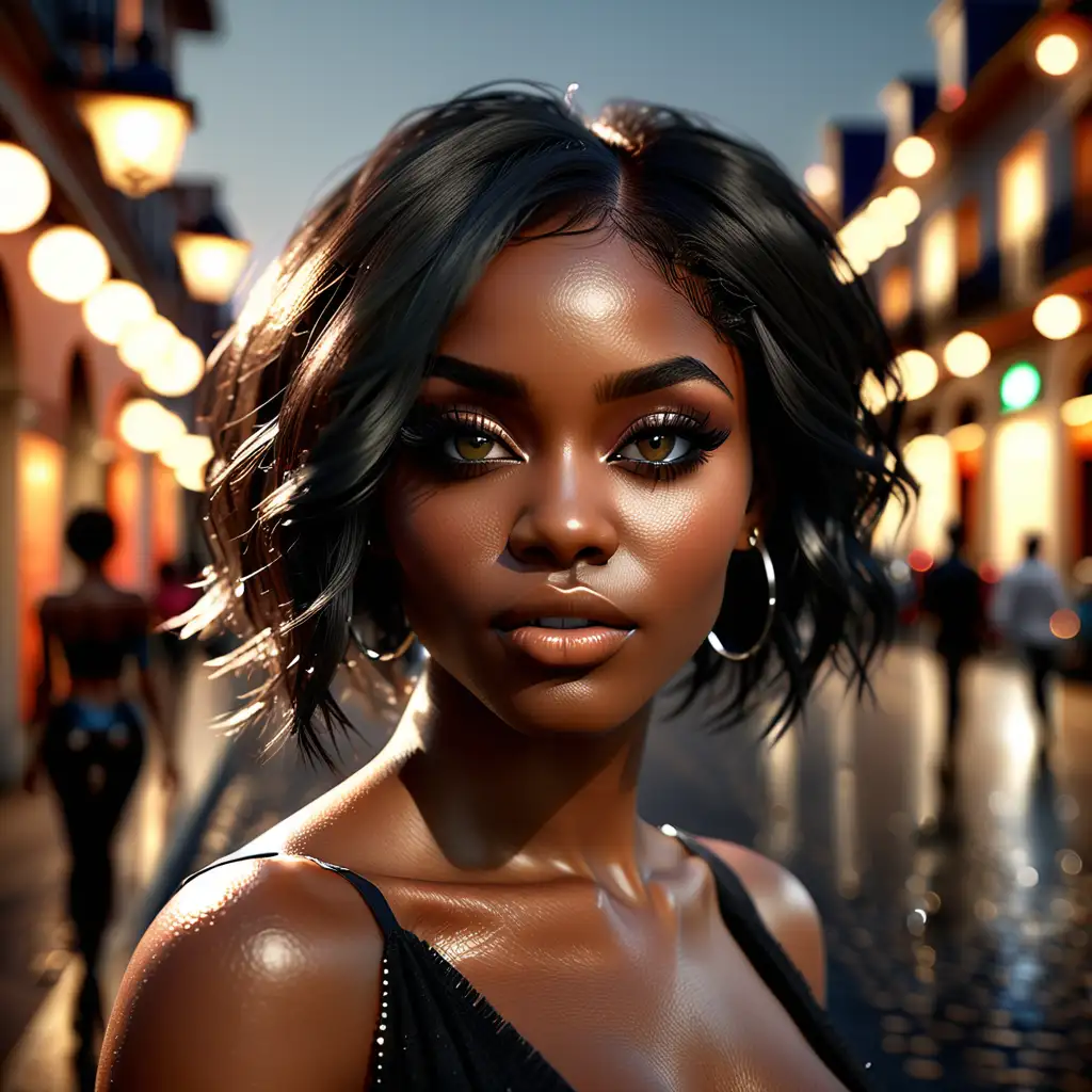 Beautiful, fashion-forward, Black woman, with a very attractive face, realistic and detailed eyes, slim body, dark eye shadow, ombre hair, light bokeh city background, soft light on the face, rim lighting, facing away from the camera, looking back over her shoulder, photorealistic, very high detail, extra wide photo