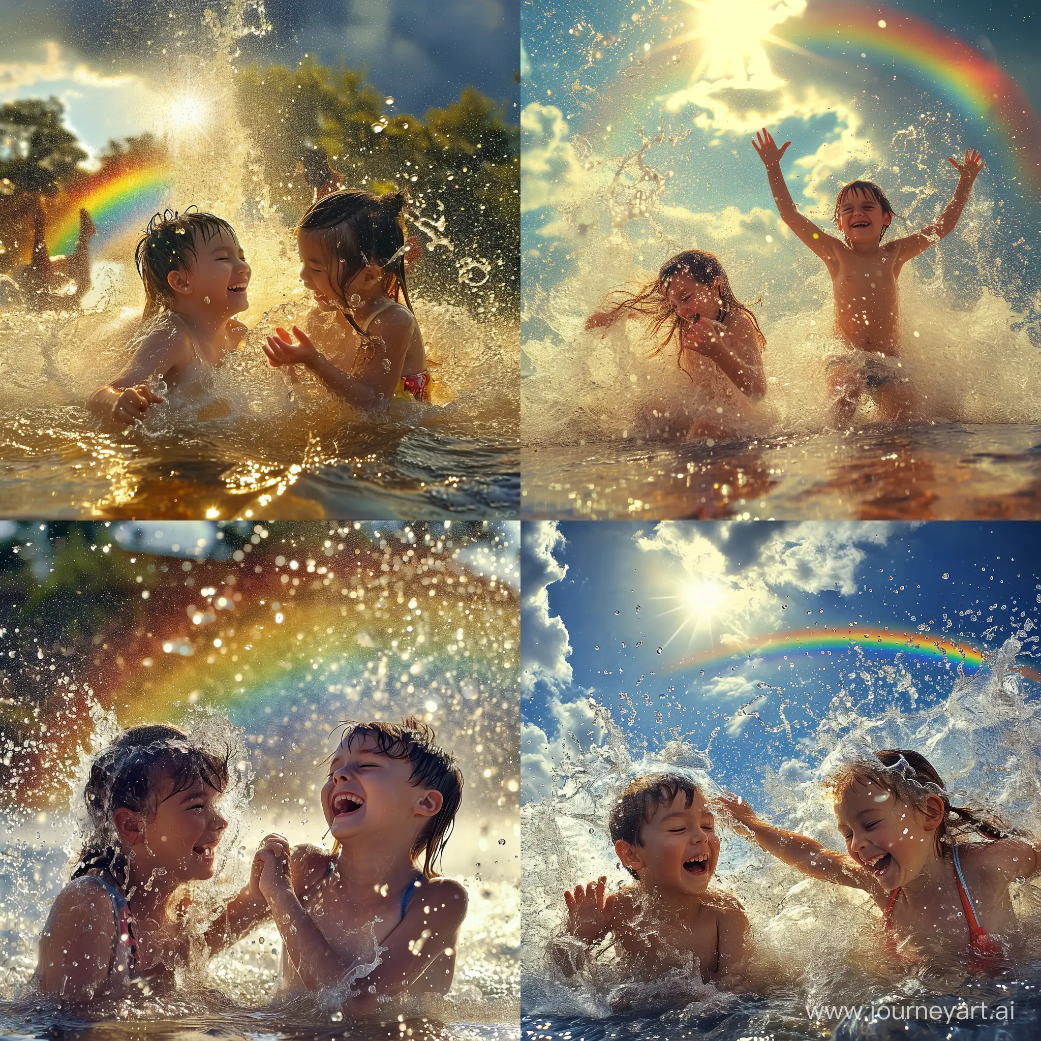 Мальчик и девочка веселятся и играют под летним проливным дождём, светит солнце и в небе видна радуга, фотография, гиперреализм, высокое разрешение