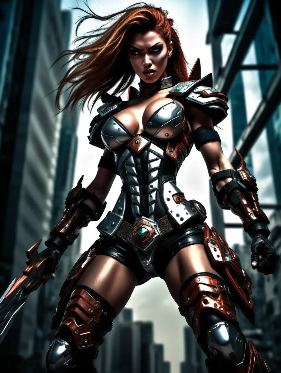 (cinematic lighting), in the world of comic Cyberforce cyblade, 1 beautiful warrior women fight for her life, fierce face, wearing boots, full body photo, intricate details, detailed face, detailed eyes, angle from below, hyper realistic photography