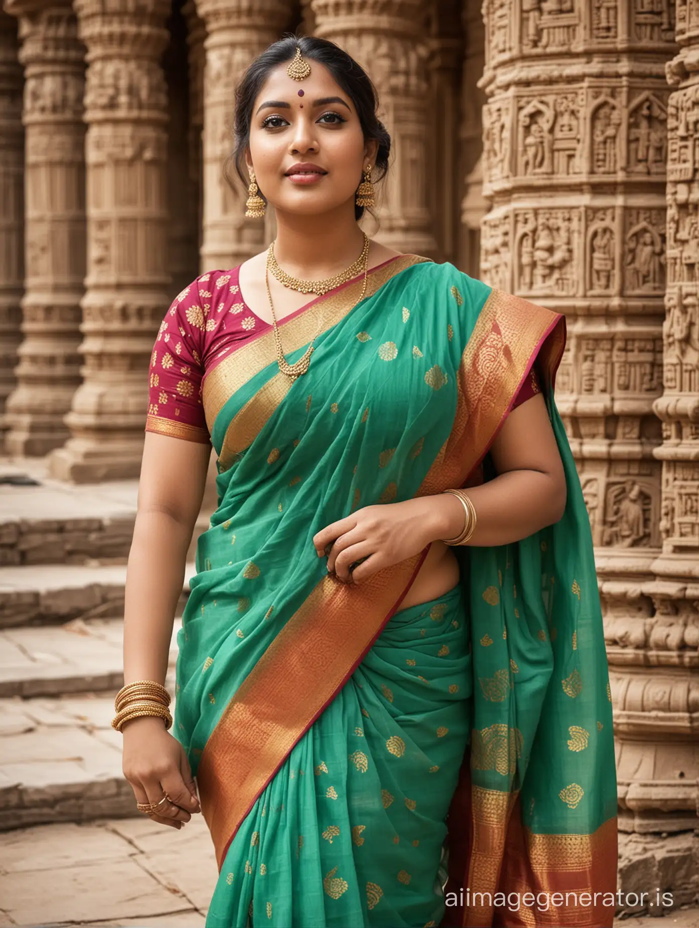 Beautiful Indian plus size women wore saree at temple