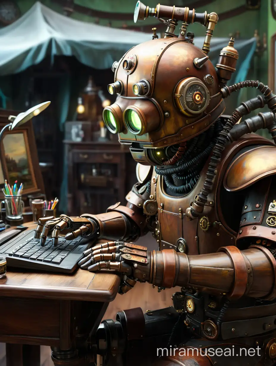 Highly detailed painting, ((wide view)), a ((steampunk robot)) sits at a desk and operates a vintage home computer, use muted pastel colors only, high quality