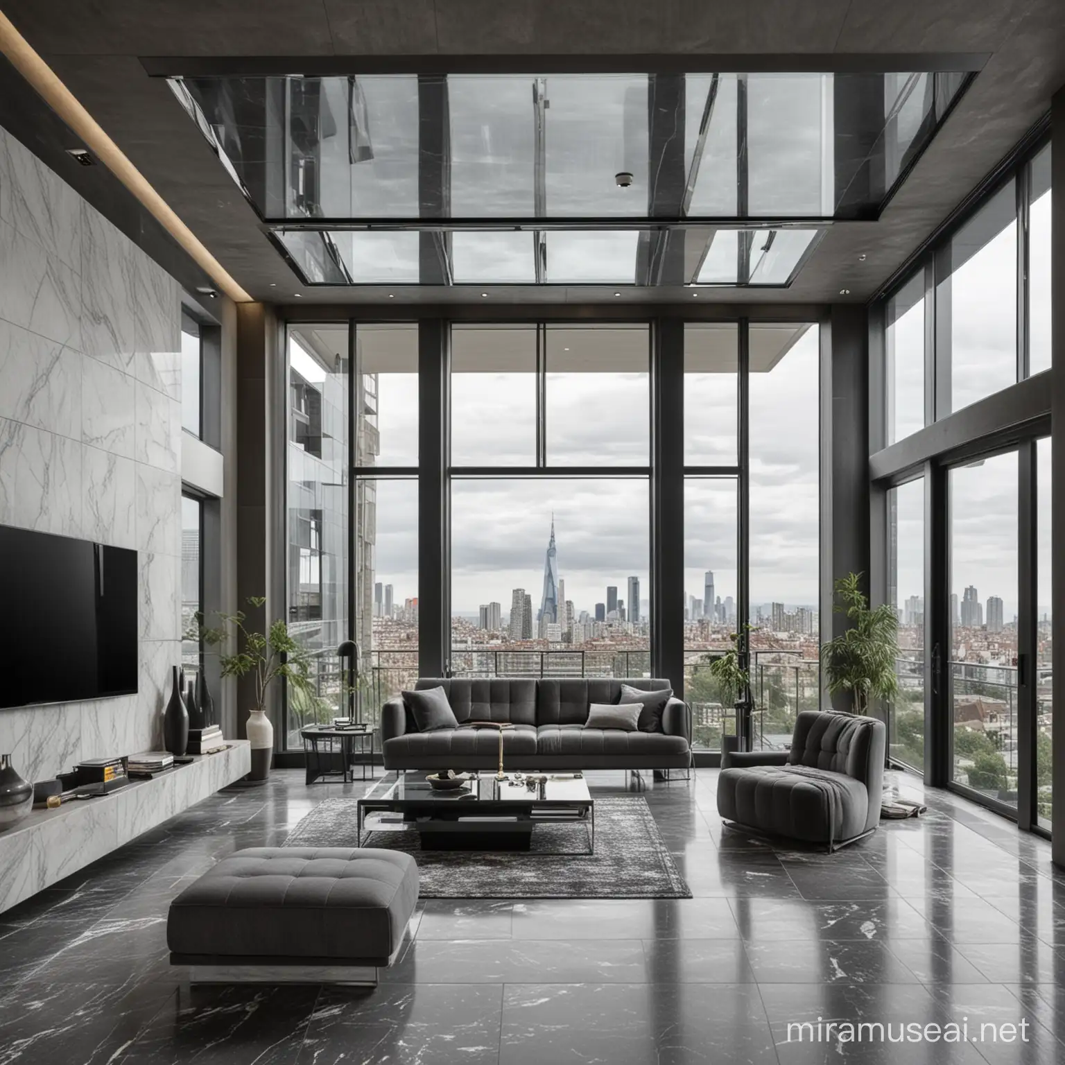 A modern living room with low ceiling, glass elevator in the center, and tiled walls touching the ceiling, 
A striking living room adorned with gray stone cladding, generally black and white modern color scheme, large glass windows looking out over the city