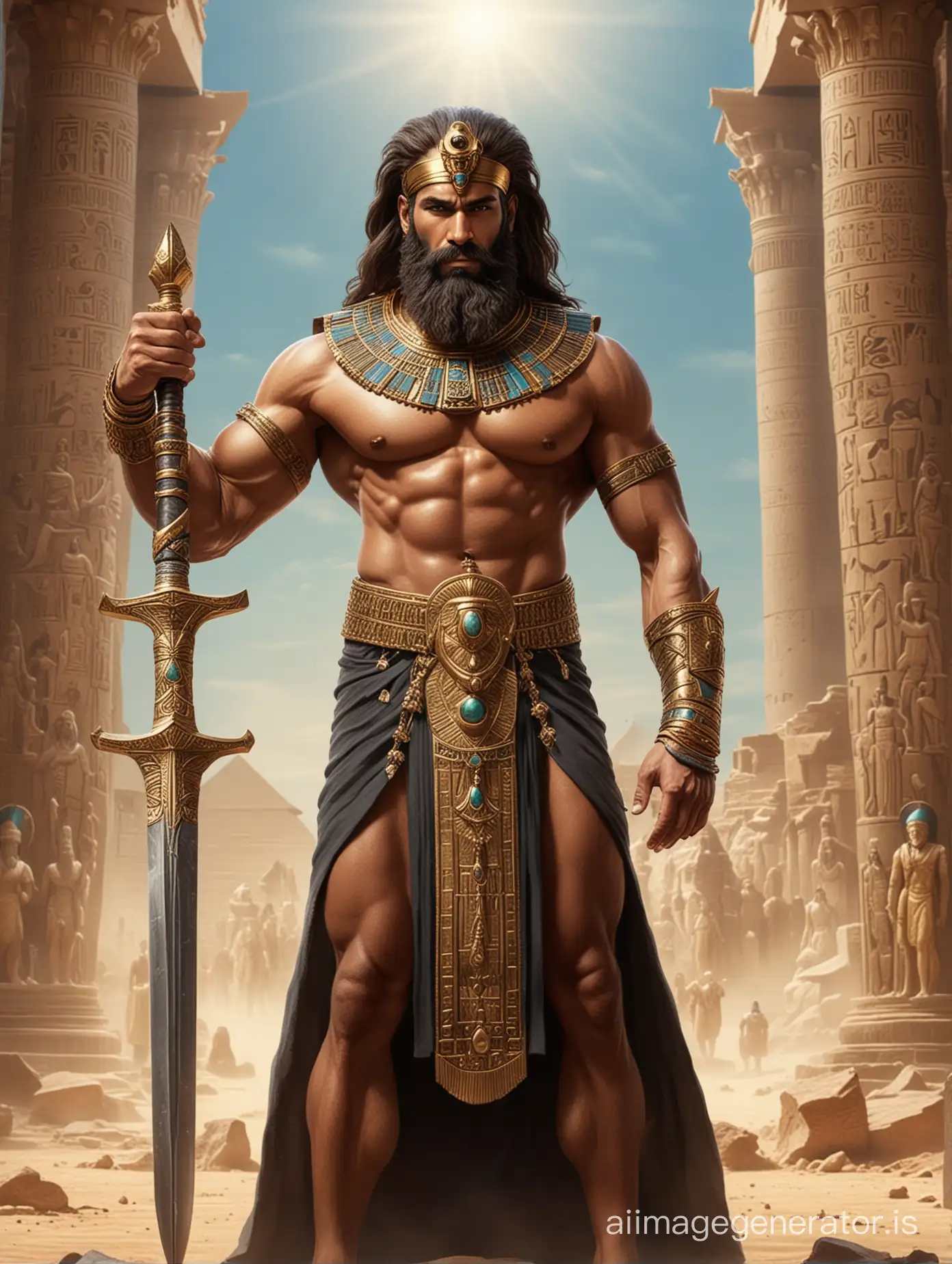 Ancient Egyptian human king with ancient jewellery who is a bodybuilder with huge beard and holding one tall sword and he lifts the sword in the air and a temple background with a big army