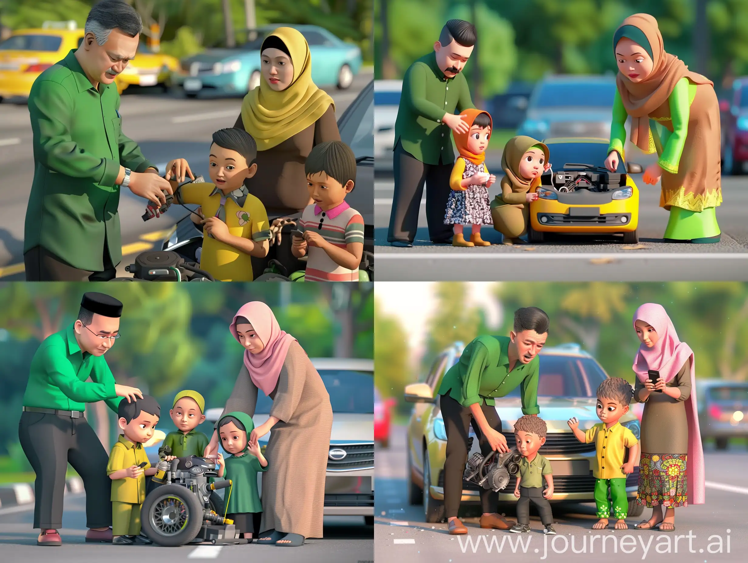 Malay-Family-Car-Breakdown-Dad-Fixes-Engine-Mom-Scolds-Kids-Play-Mobile-Phones