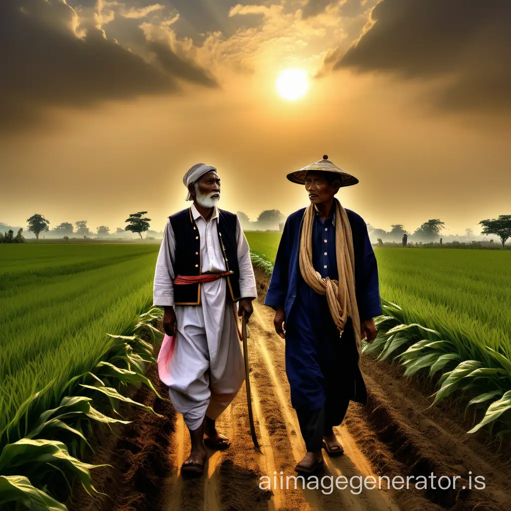 In the tranquil morning light, a regal nobleman, adorned in majestic attire, halts his journey to converse with a humble farmer in the field. His demeanor exudes elegance and wisdom as they discuss the farmer's aspirations. The rising sun casts a golden glow, illuminating the scene with a serene radiance amidst the quiet, cloudy sky. Standing along the path that cuts through the farmer's land, they share a moment of connection bridging their worlds.