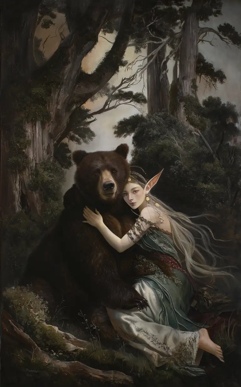 oil painting of dark mysterious Russian forest, russian magical beautiful elf hugging brown bear, old trees, crooked branches, soft moss, dark color palette, Naturecore aesthetic, babacore, folklore, by Viktor Vasnetsov