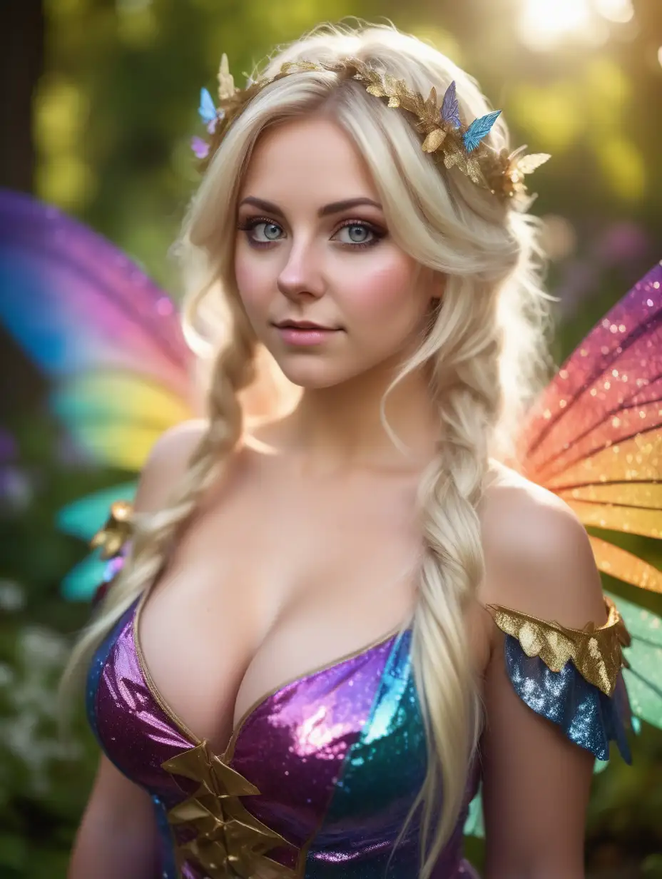 Beautiful Nordic woman, very attractive face, detailed eyes, big breasts, dark eye shadow, messy blonde hair, glitter on cheeks, wearing a female fairy cosplay costume, colourful wings, colourful open front loose dress, close up photo, bokeh background, soft light on face, rim lighting, facing away from camera, looking back over her shoulder, standing in giant garden, photorealistic, very high detail, extra wide photo, full body photo, aerial photo